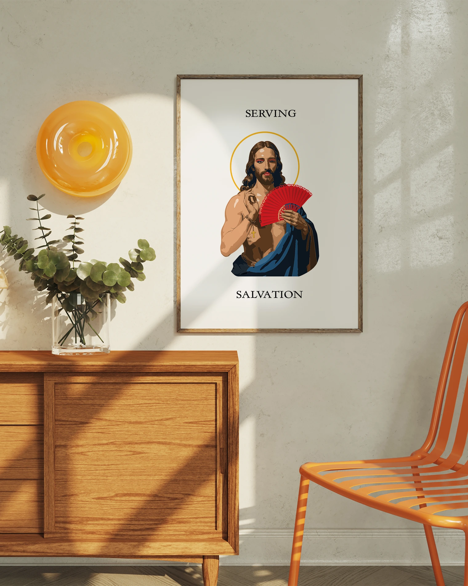 A poster with an illustrated Jesus in red makeup, holding a handfan with the text 'Serving Salvation'.