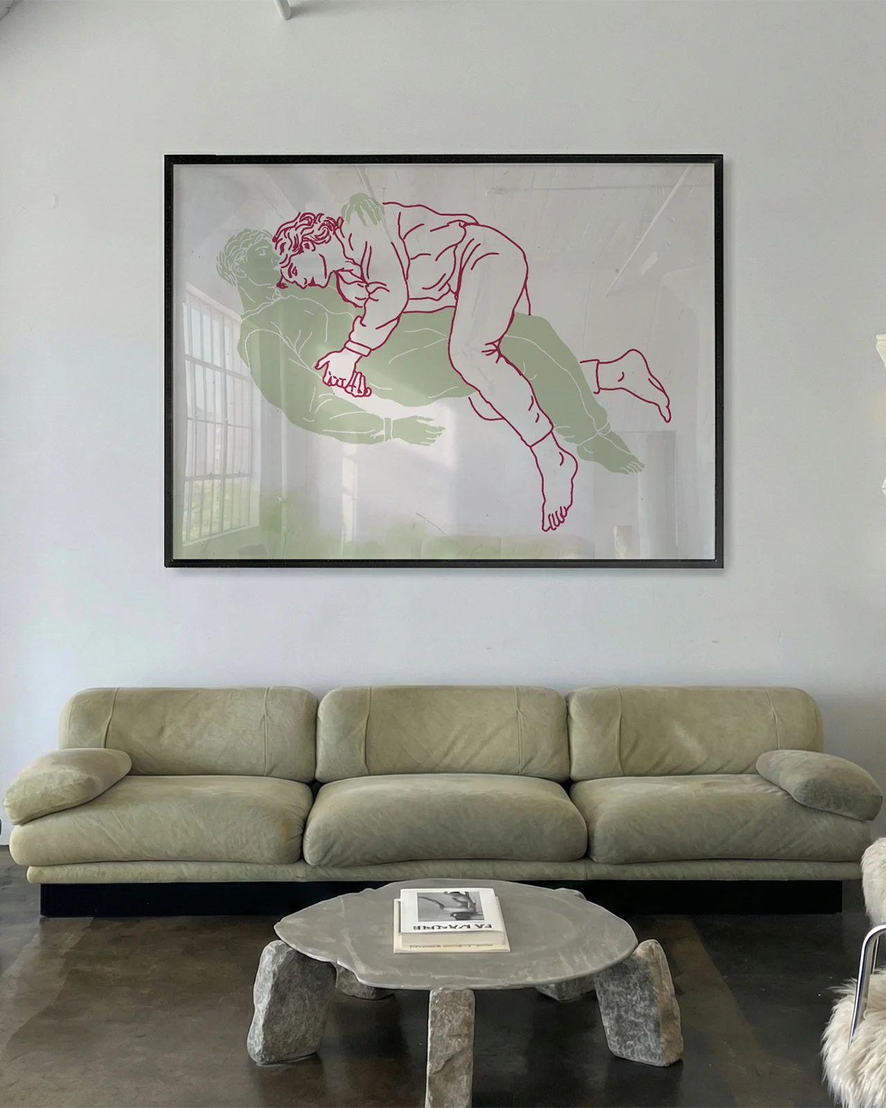 An abstract, landscape formatted poster with two gay men laying down cuddling.