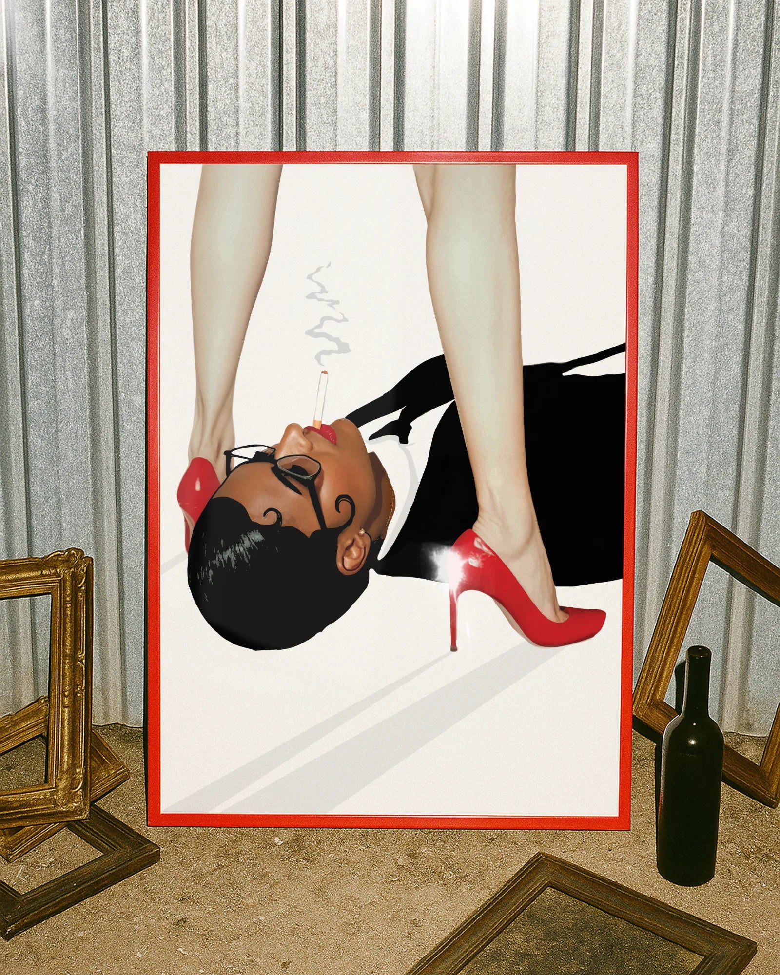 A poster featuring a woman in a blazer, lying on the floor with a cigarette in her mouth, gazing up at another woman standing over her in red heels.