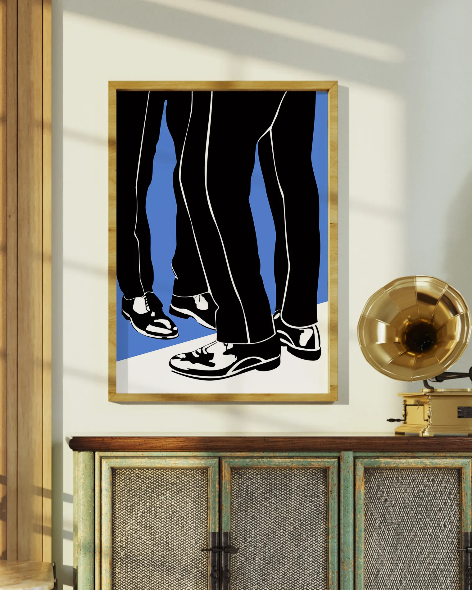 A print with two illustrated legs in suit pants standing in front of each other.