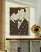 A poster with a silhouette of two men in suits facing each other.