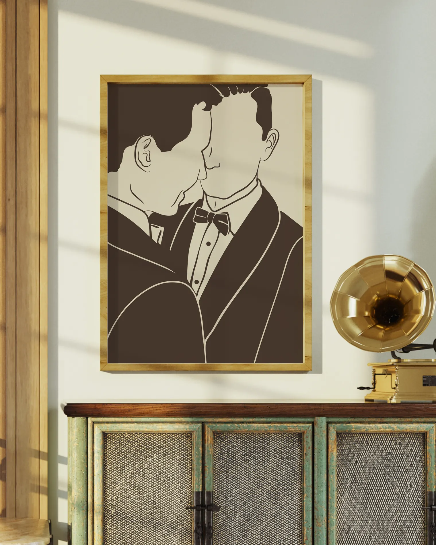 A poster with a silhouette of two men in suits facing each other.