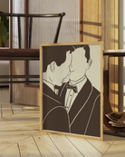 A poster with a silhouette of two men in suits facing each other.