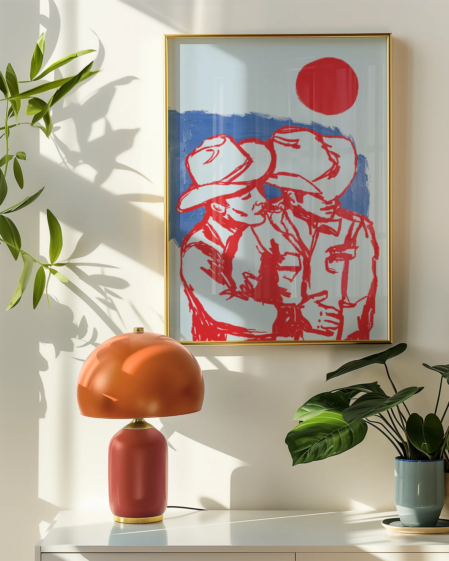 A poster with two ay cowboys hugging in front of a red sunset.