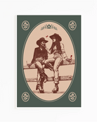 A print with an illustrated, sapphic cowgirl couple sitting on a fence.