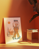A framed poster depicting two gay men dancing in front of a burning church.
