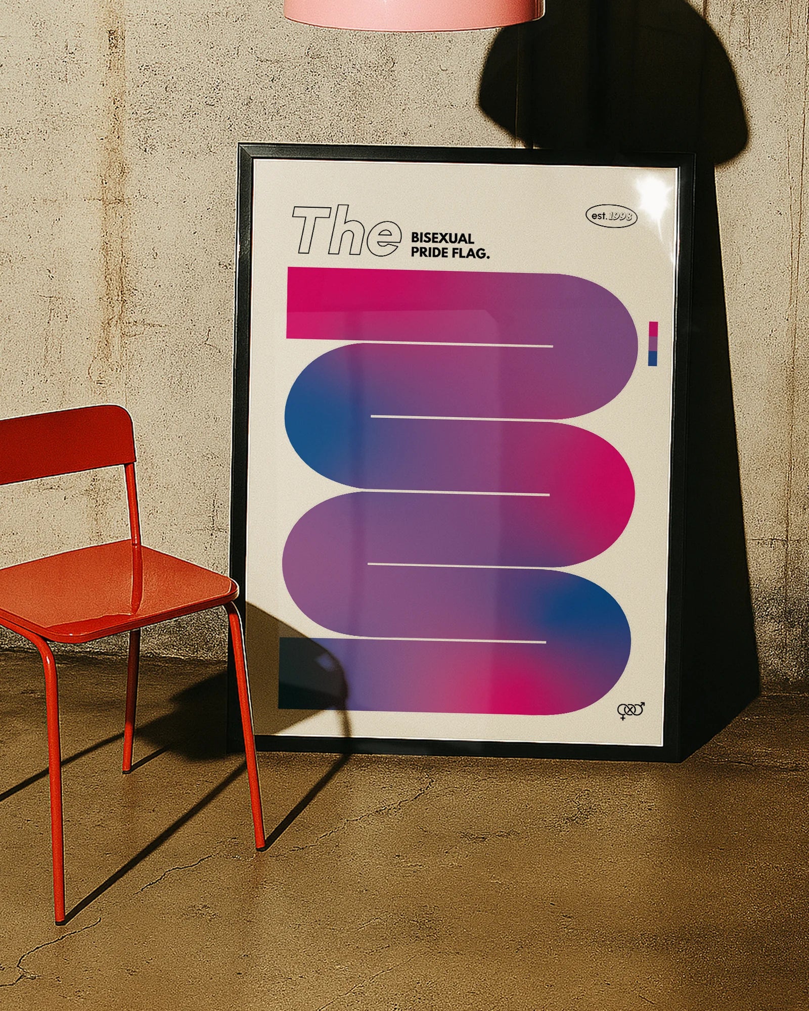 A print with the bisexual pride flag in a smooth, curvy and abstract shape.