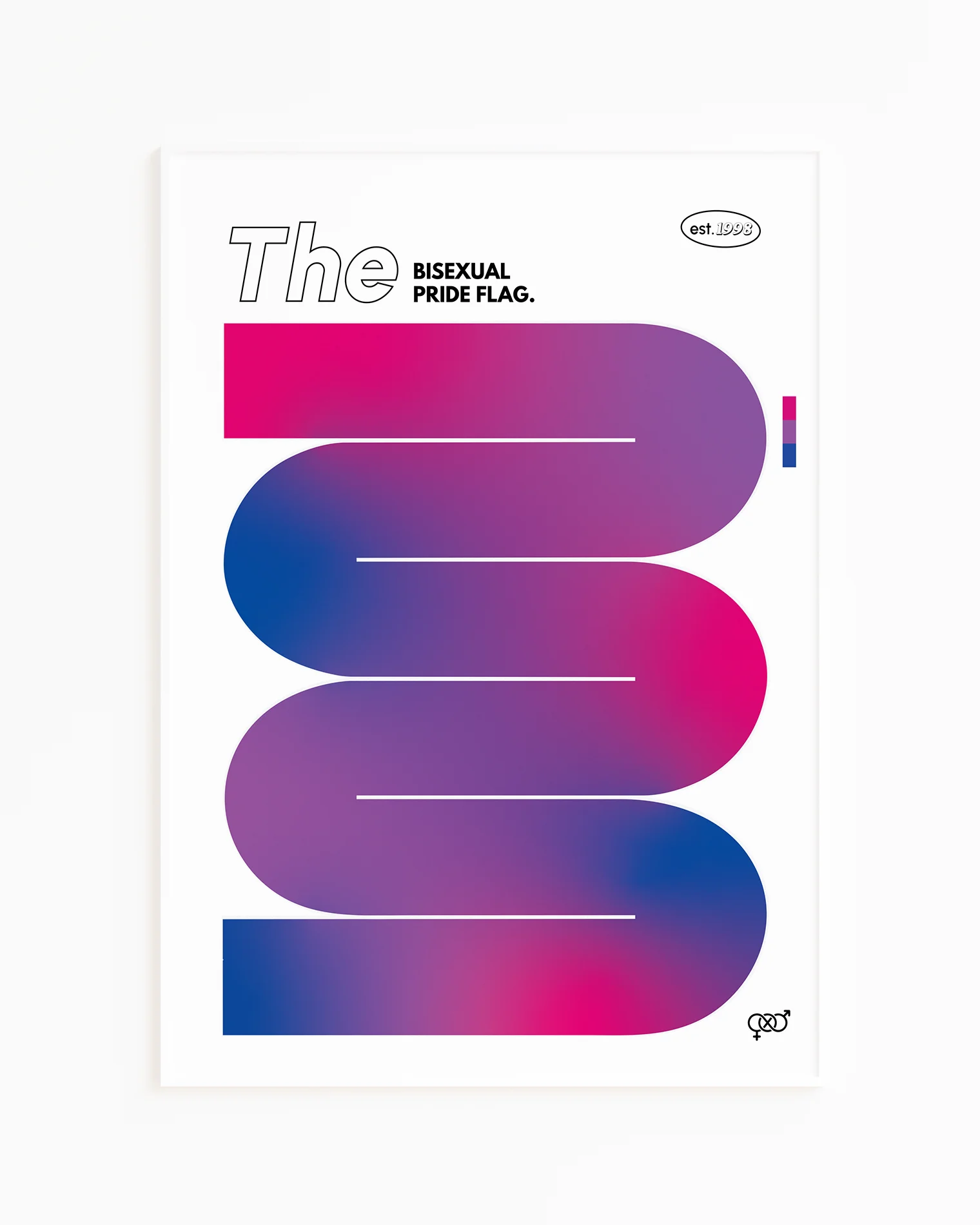 A print with the bisexual pride flag in a smooth, curvy and abstract shape.