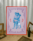 A poster that features two muscular queer boxers in a romantic embrace, surrounded by red roses and a purple frame.