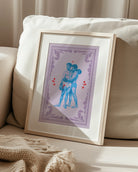 A poster that features two muscular queer boxers in a romantic embrace, surrounded by red roses and a purple frame.