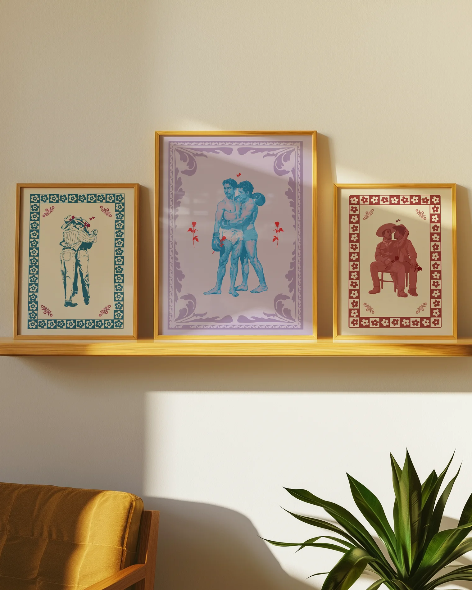 A poster that features two muscular queer boxers in a romantic embrace, surrounded by red roses and a purple frame.