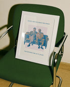 A poster with an older, stylish gay couple in suits, sitting on a couch reading the morning paper together with the text:
“Honey, did you read the news? The heteros are at it again.”