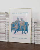 A poster with an older, stylish gay couple in suits, sitting on a couch reading the morning paper together with the text:
“Honey, did you read the news? The heteros are at it again.”