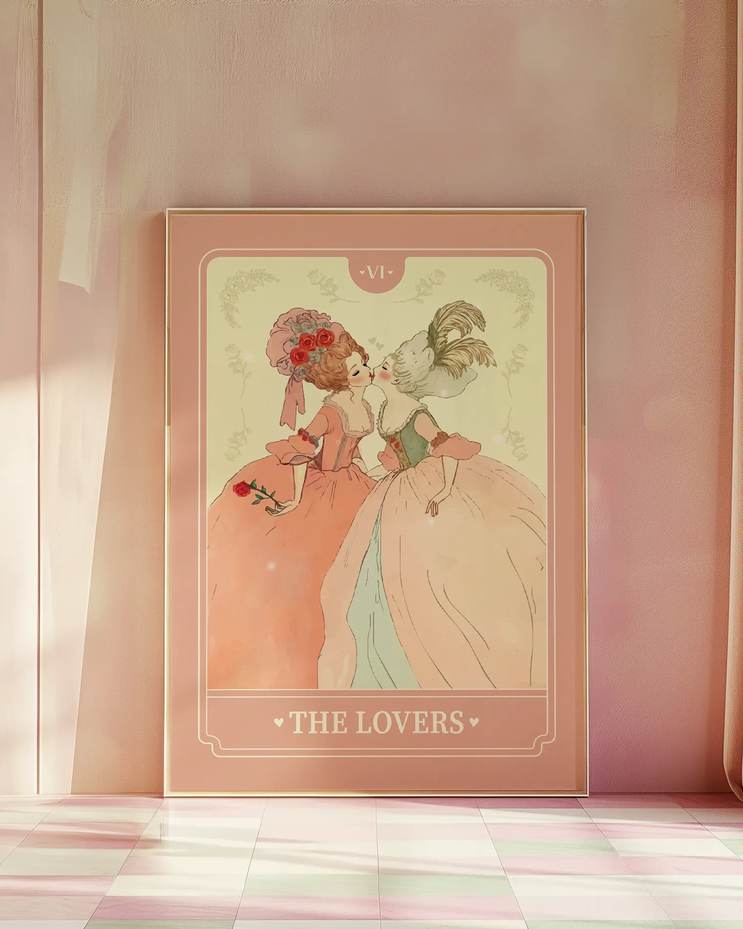 A print with a sapphic couple kissing in a tarot-style, 1700's era, with the text 'The Lovers'.