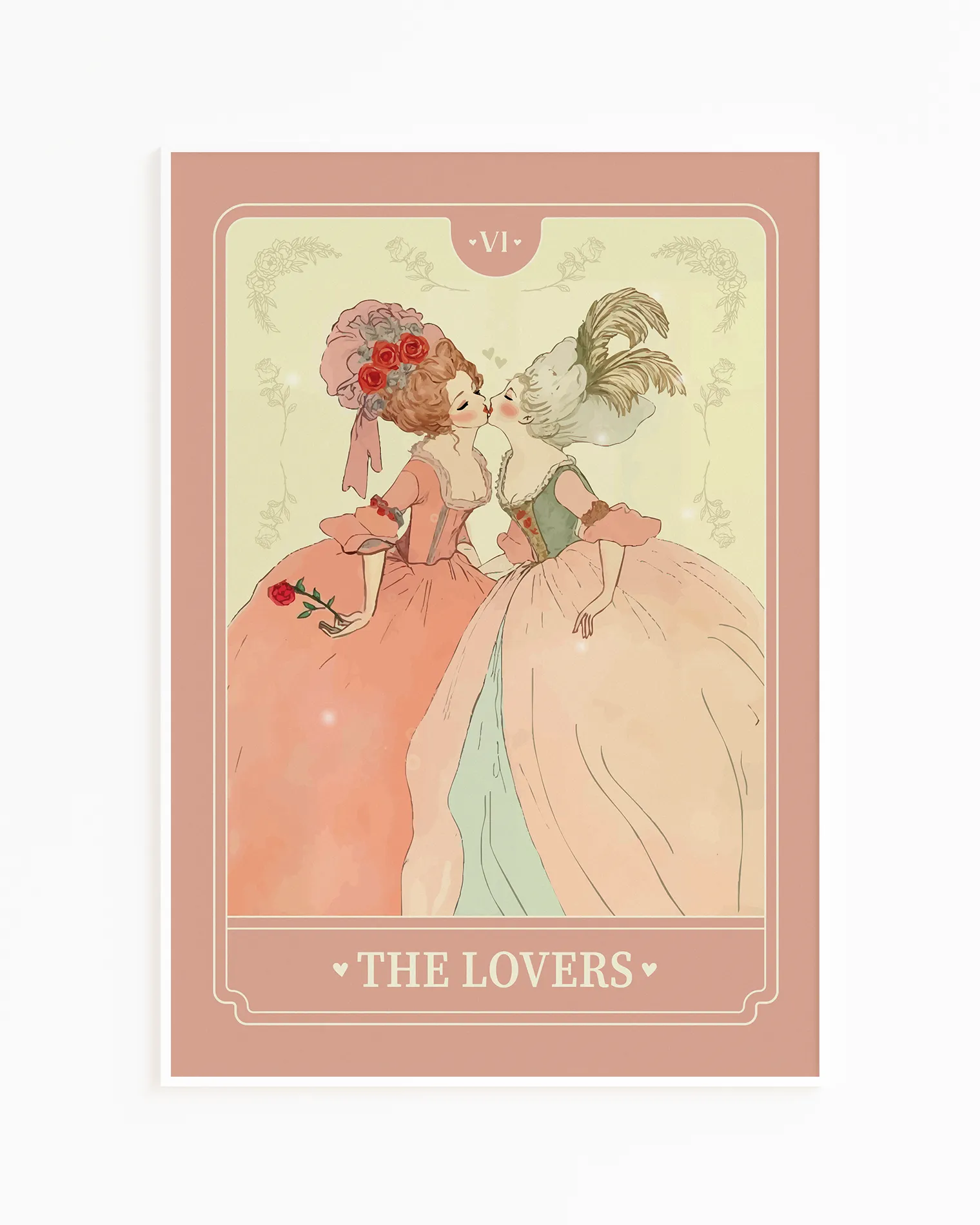 A print with a sapphic couple kissing in a tarot-style, 1700's era, with the text 'The Lovers'.