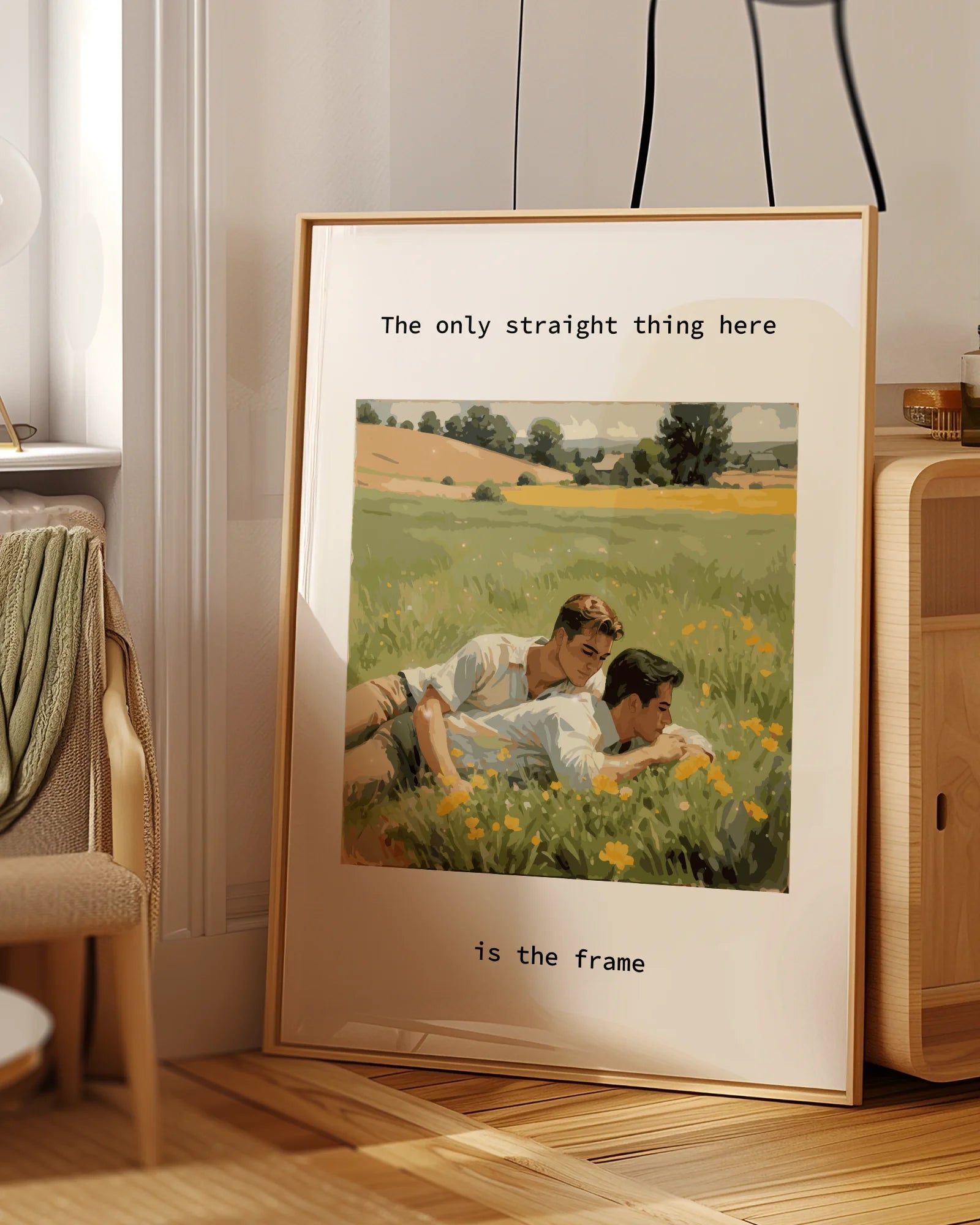 A poster with two gay men cuddling together in a summery green field of yellow flowers, with the text: “The only thing straight here is the frame.”