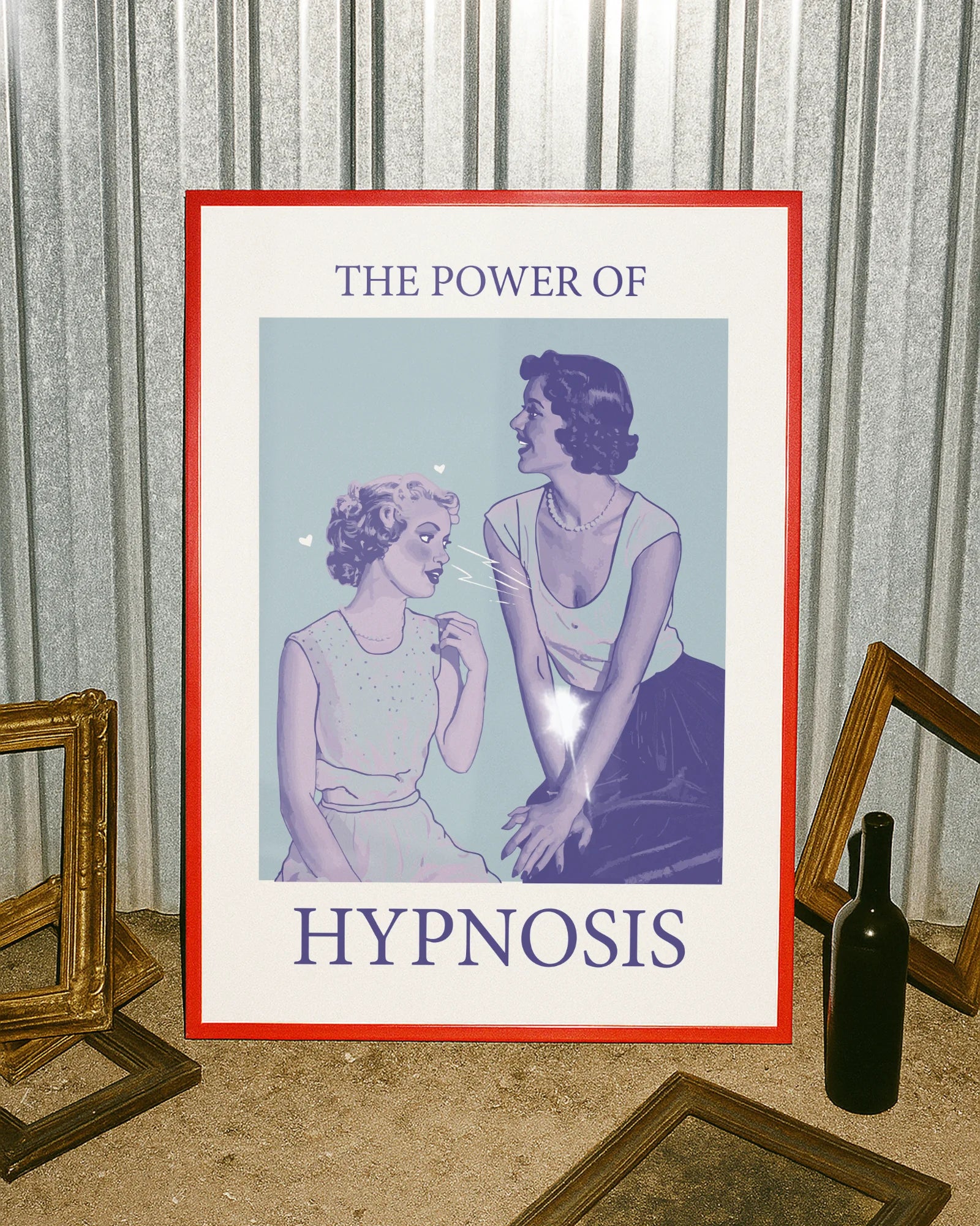 A poster with a woman staring unabashedly and fascinated at another woman’s chest, with the text: ‘THE POWER OF HYPNOSIS.