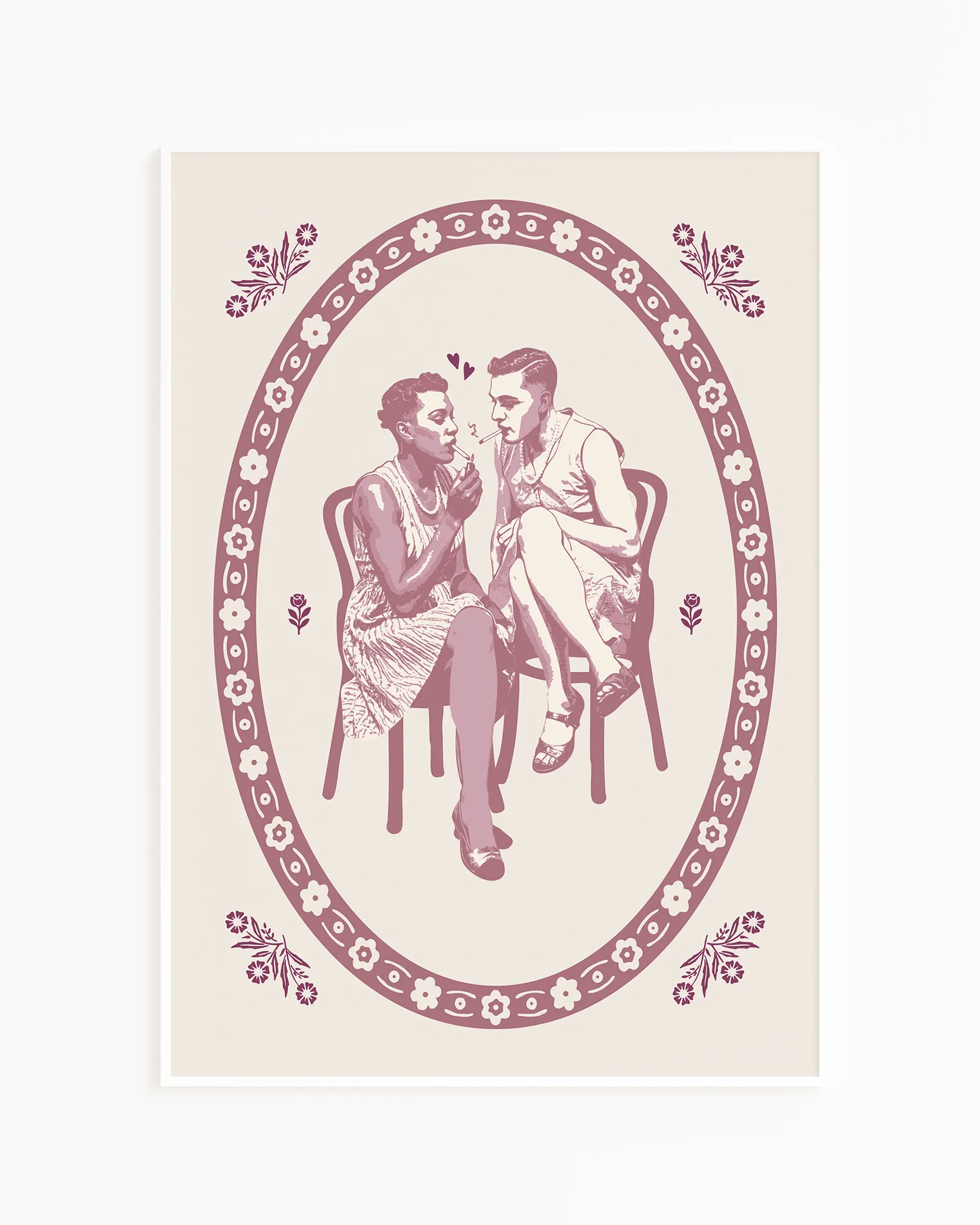 A poster with an illustrated, queer and genderfluid couple in dresses and makeup smoking together on two stools. Vintage and normbreaking poster.