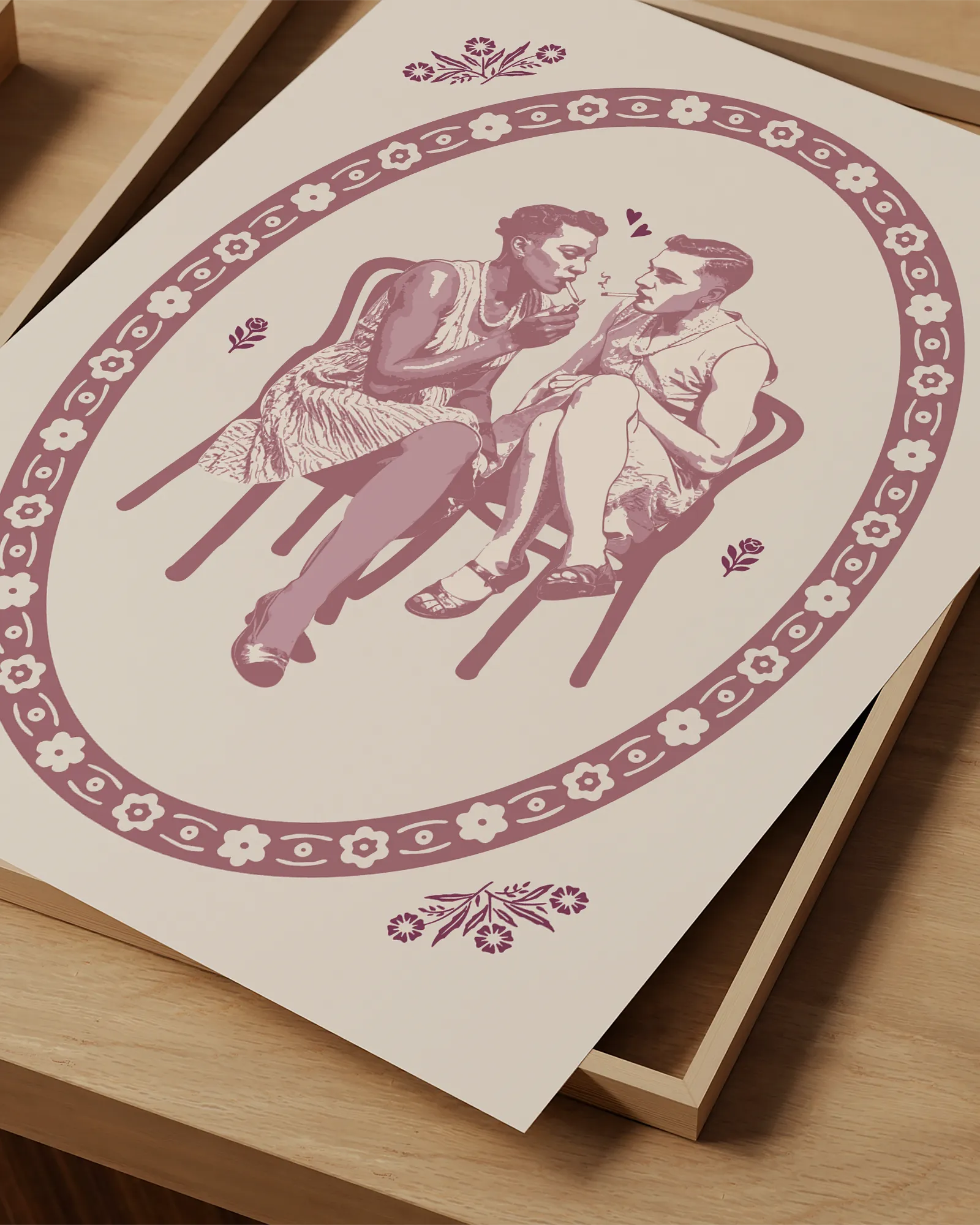 A poster with an illustrated, queer and genderfluid couple in dresses and makeup smoking together on two stools. Vintage and normbreaking poster.