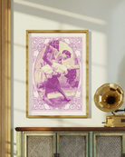 A print with an illustrated, lesbian couple in the 60's dancing, with the text 'THE DANCERS'.