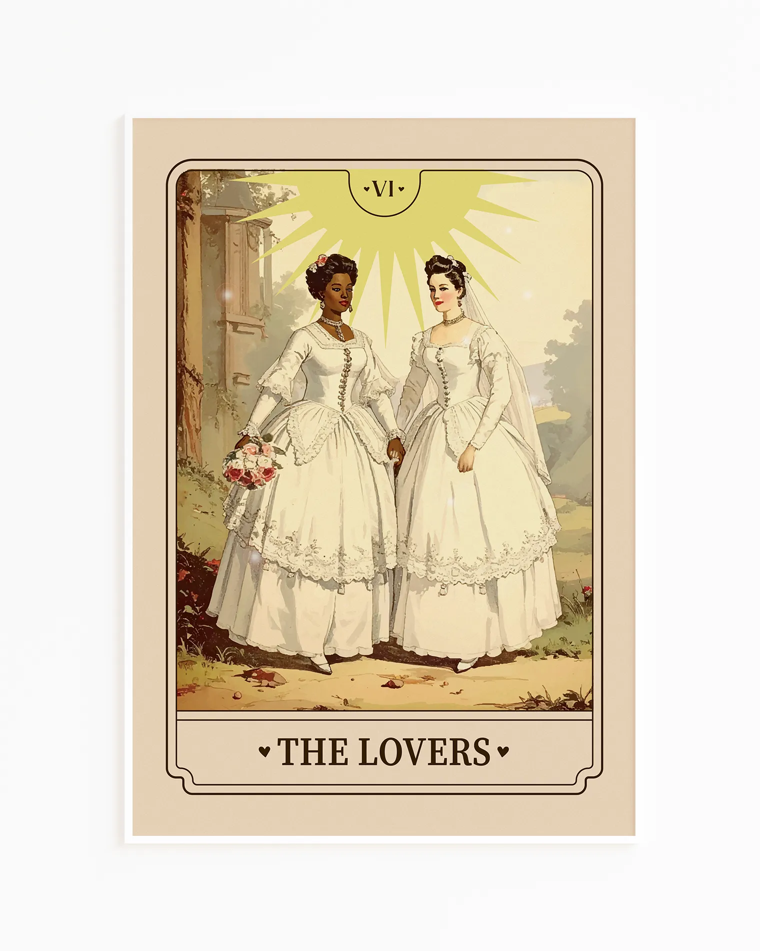 A print with an illustrated, sapphic, newlywed couple in a tarot card style with the text 'The Lovers'.