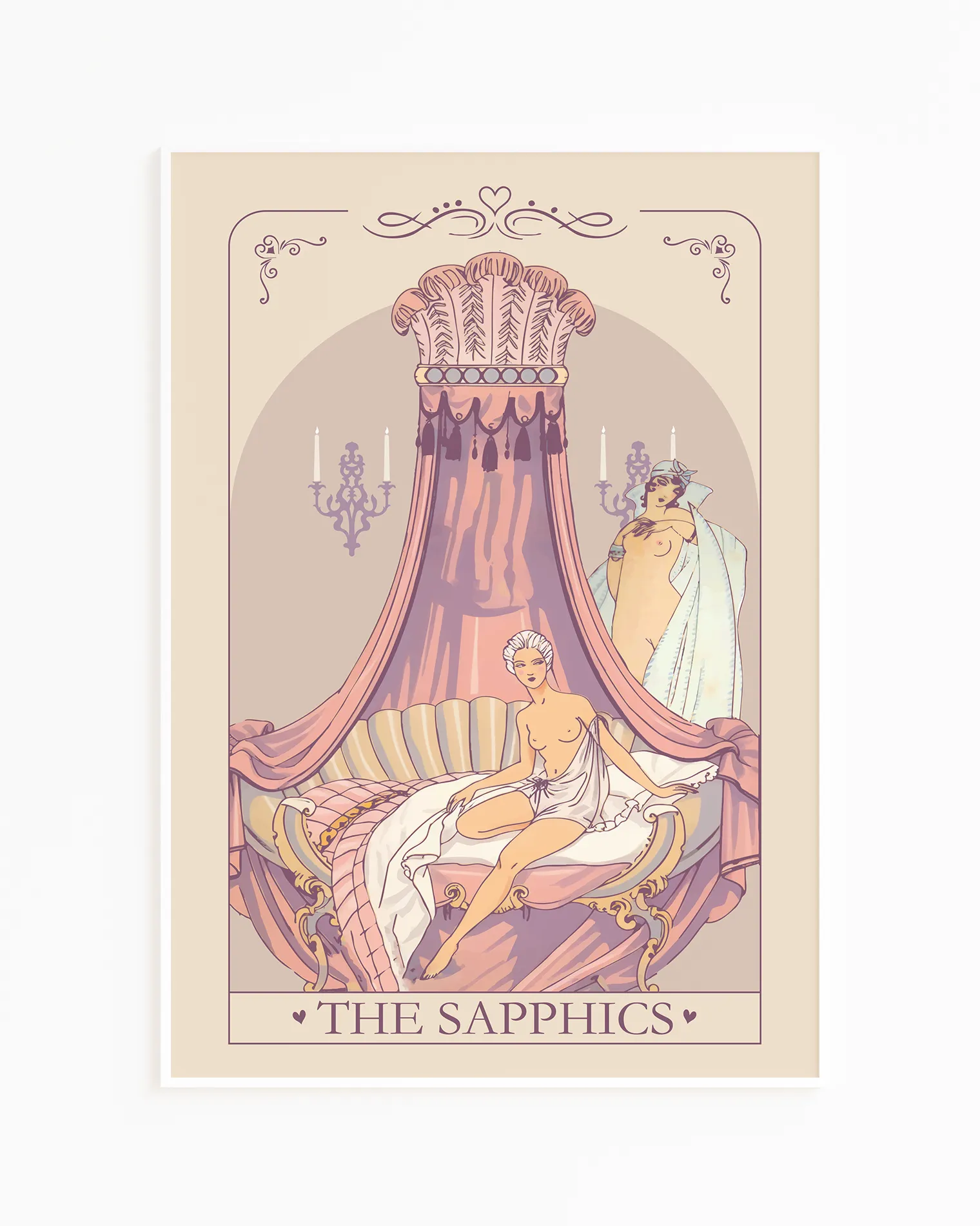 A print with a sapphic couple in a bedroom, Rococo illustrated style.