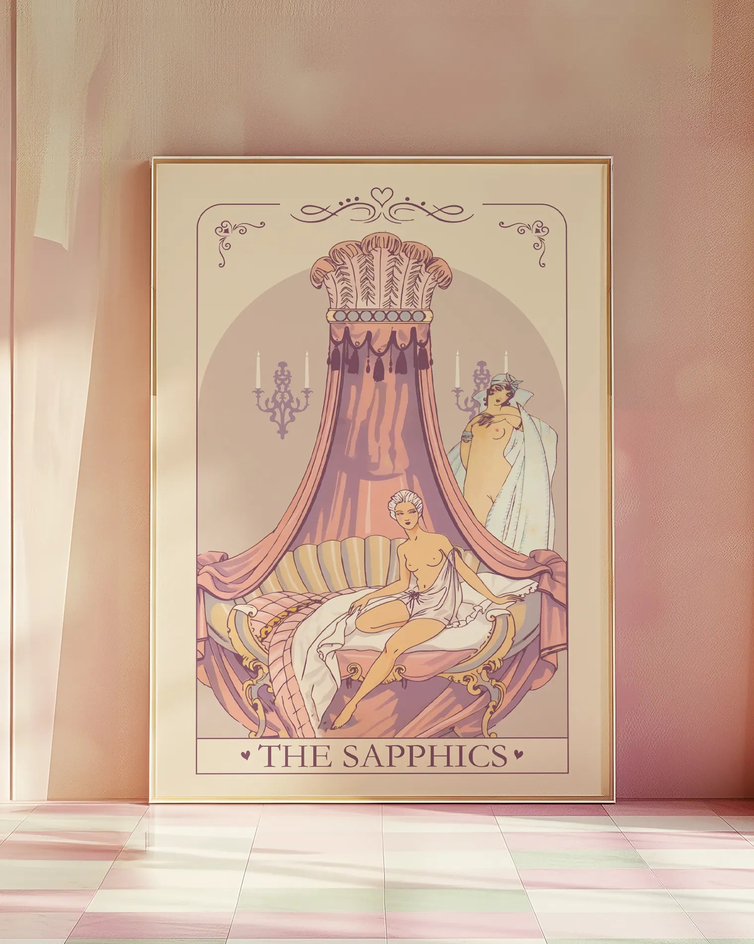 A print with a sapphic couple in a bedroom, Rococo illustrated style.