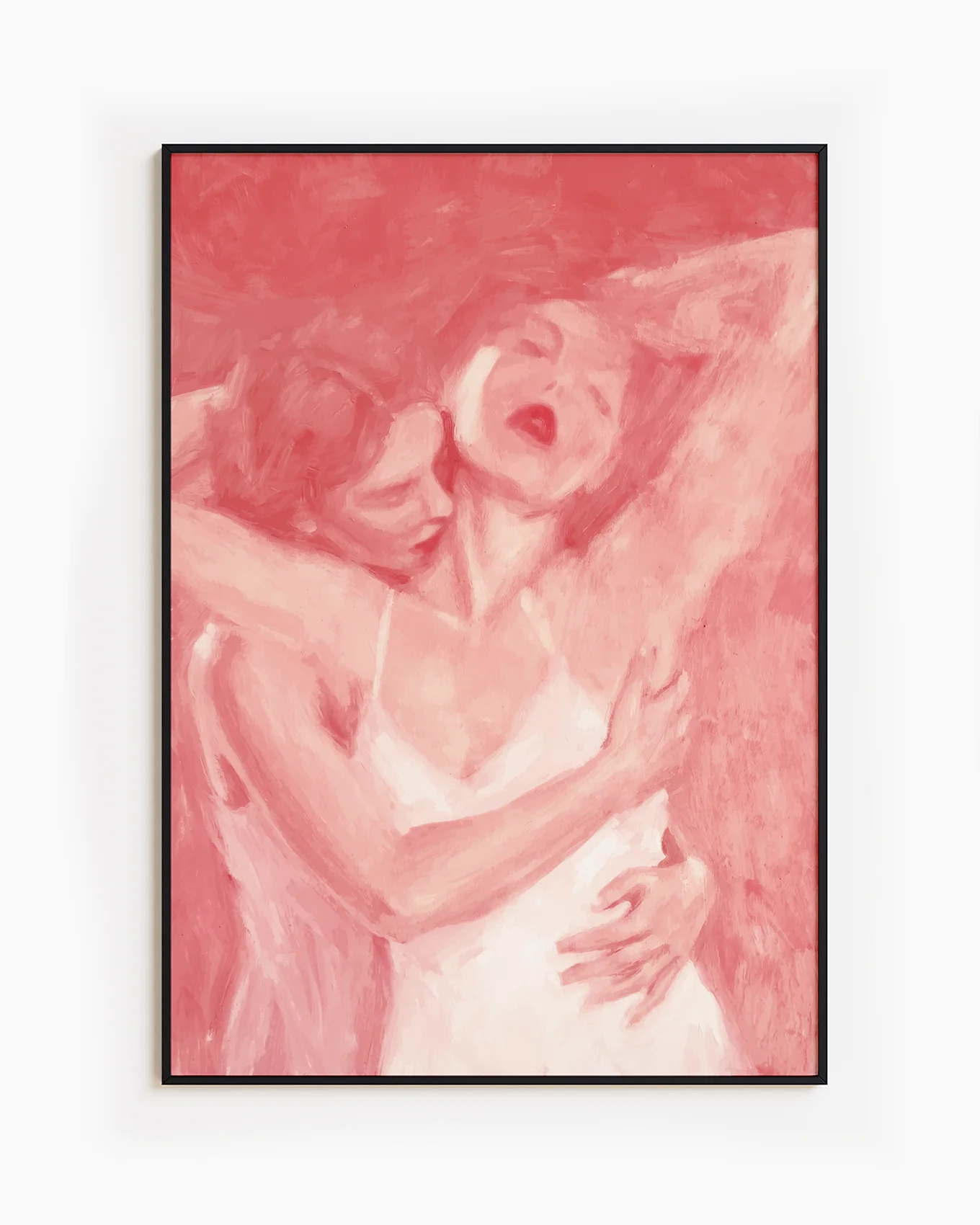 A poster with two ladies hugging, abstract and pink.