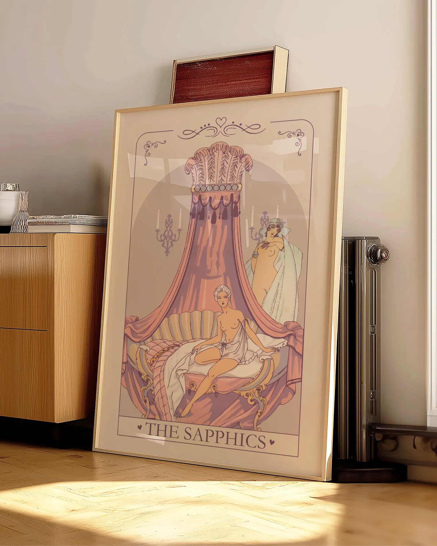 A print with a sapphic couple in a bedroom, Rococo illustrated style.