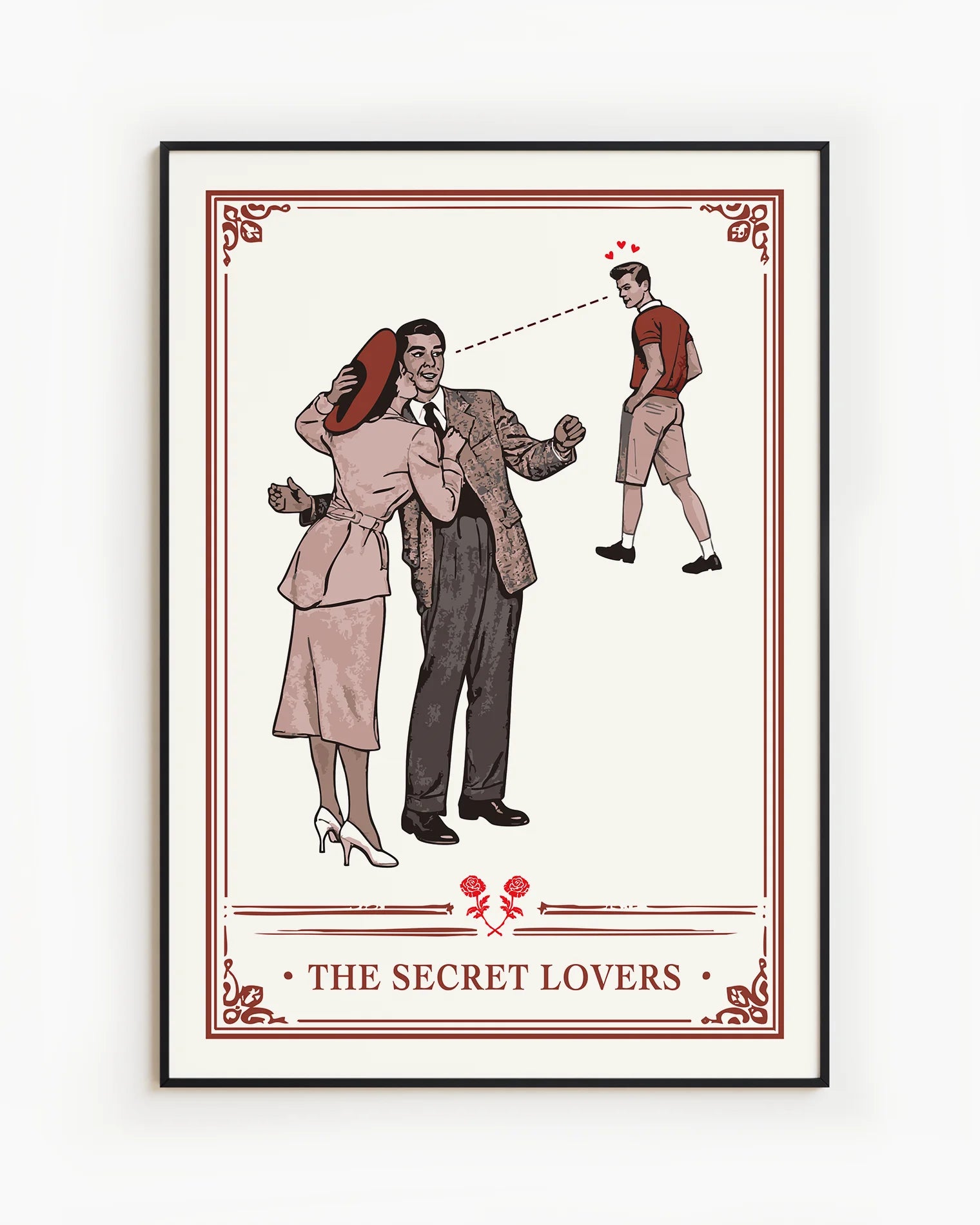 A poster with a hetero couple, a woman kissing her husband on the cheek, but the husband is looking at a young, cute man walking by with the text 'The Secret Lovers'.