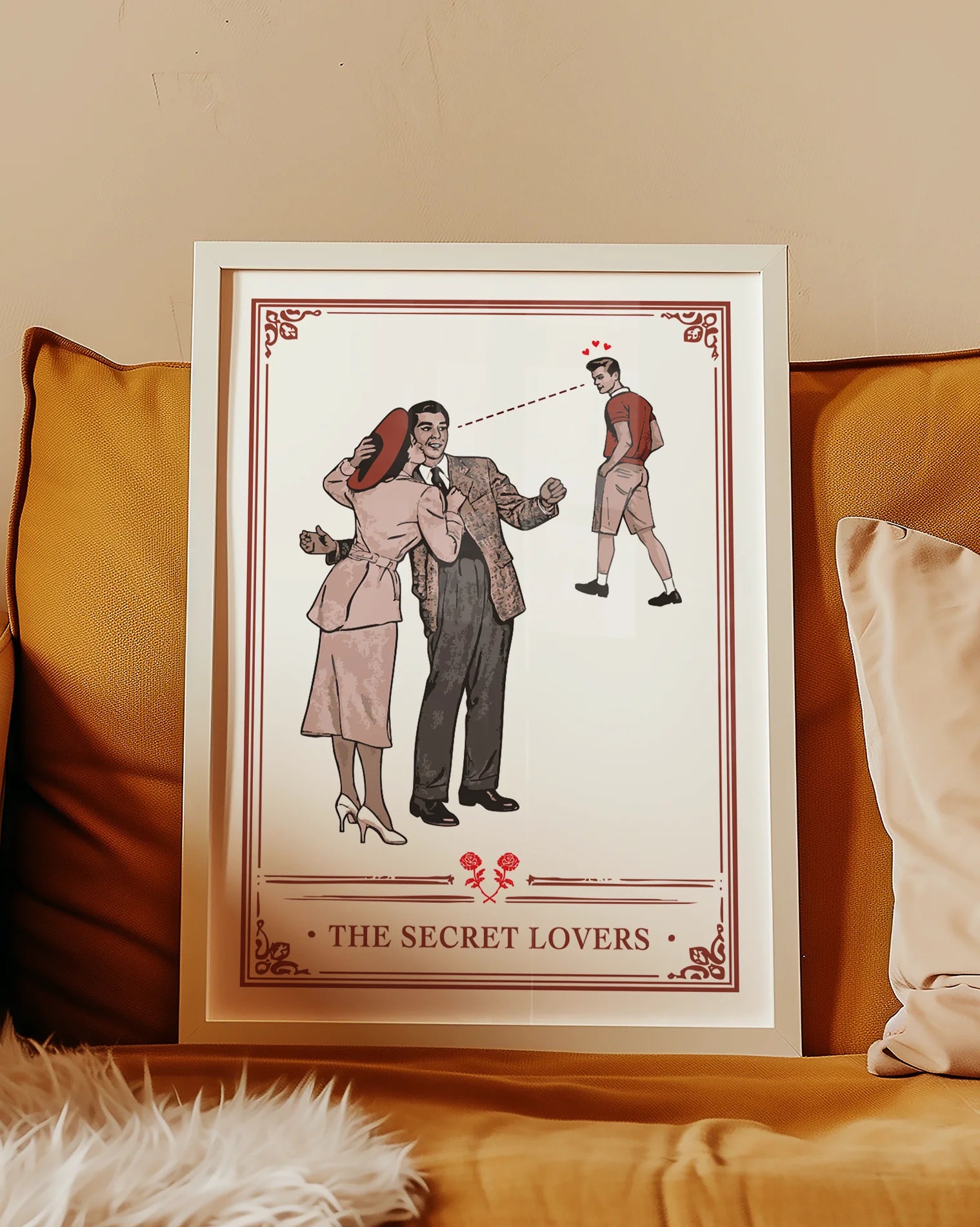 A poster with a hetero couple, a woman kissing her husband on the cheek, but the husband is looking at a young, cute man walking by with the text 'The Secret Lovers'.