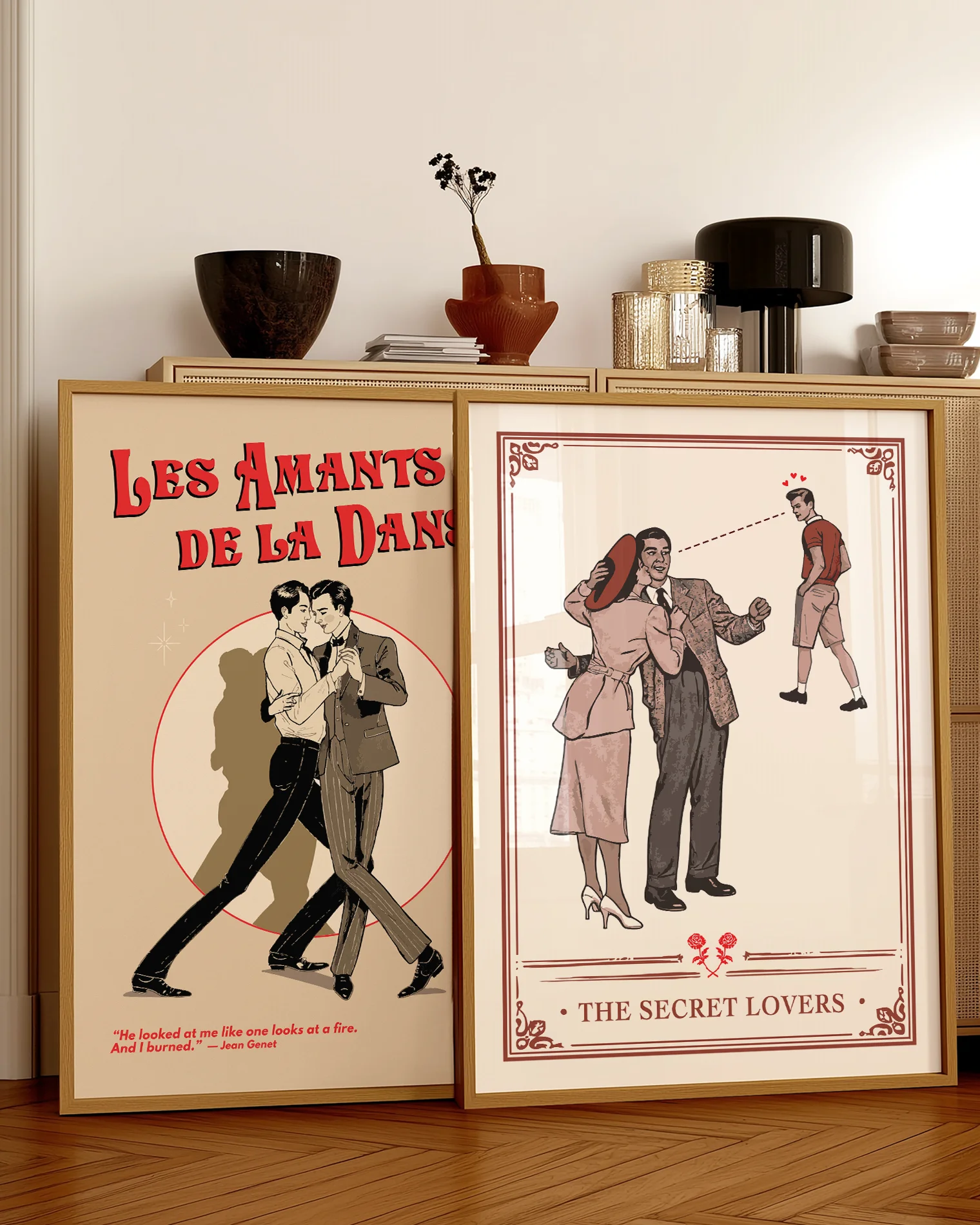 A poster with a hetero couple, a woman kissing her husband on the cheek, but the husband is looking at a young, cute man walking by with the text 'The Secret Lovers'.