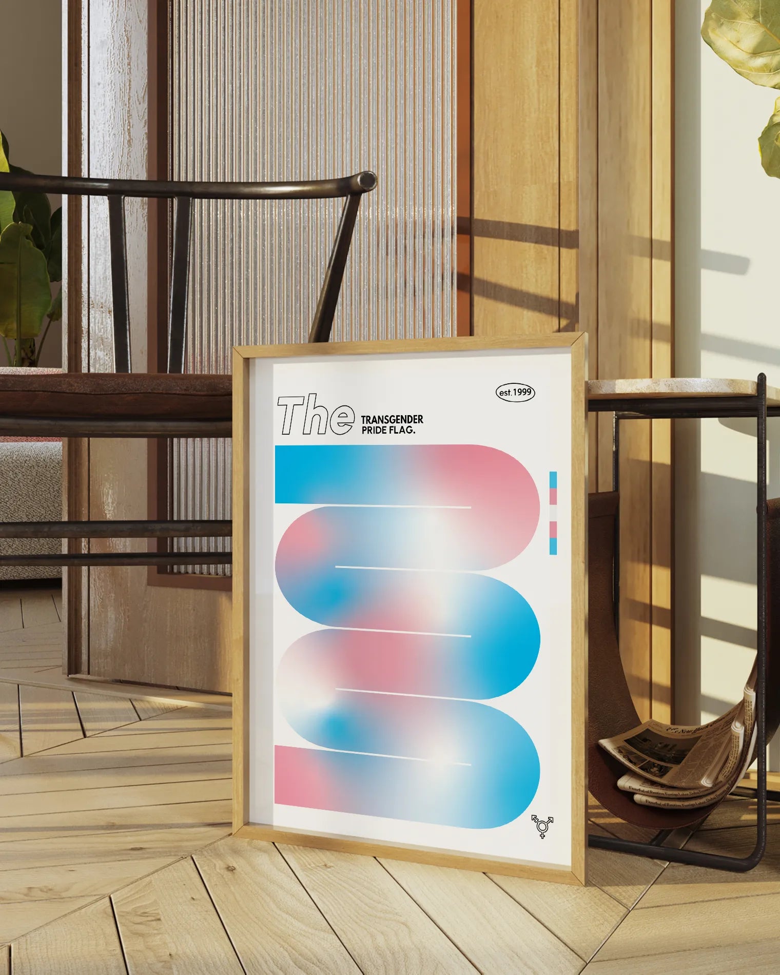 A print with the Transgender Pride Flag in a soft shape.