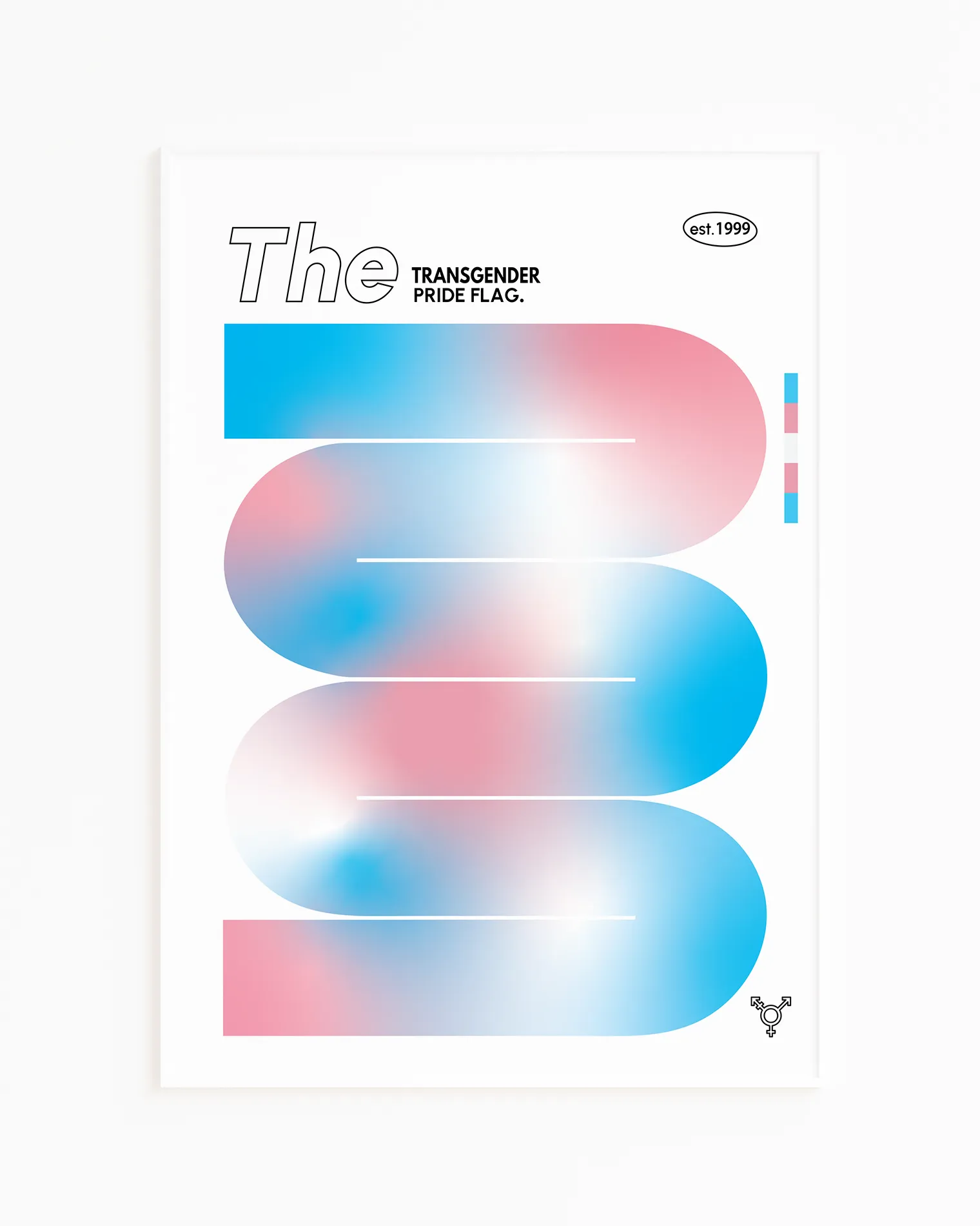 A print with the Transgender Pride Flag in a soft shape.