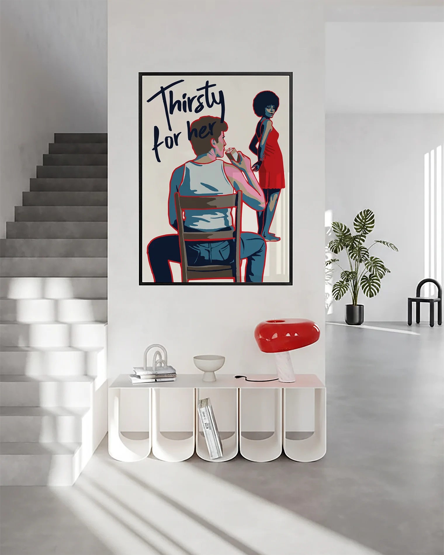 En poster som föreställer en butchflata som dricker ur en juicebox, sittandes på en stol. Framför henne står en vacker kvinna med ett sug i blicken, tillsammans med texten 'Thirsty for her'.