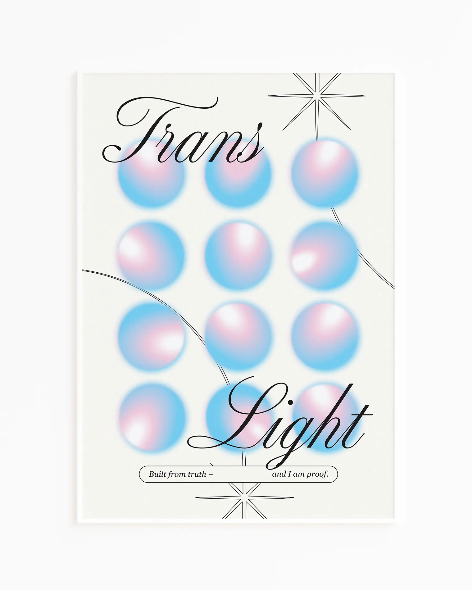 A print with the text 'Trans Light', against a background with gradient circles in the transgender flag colours.