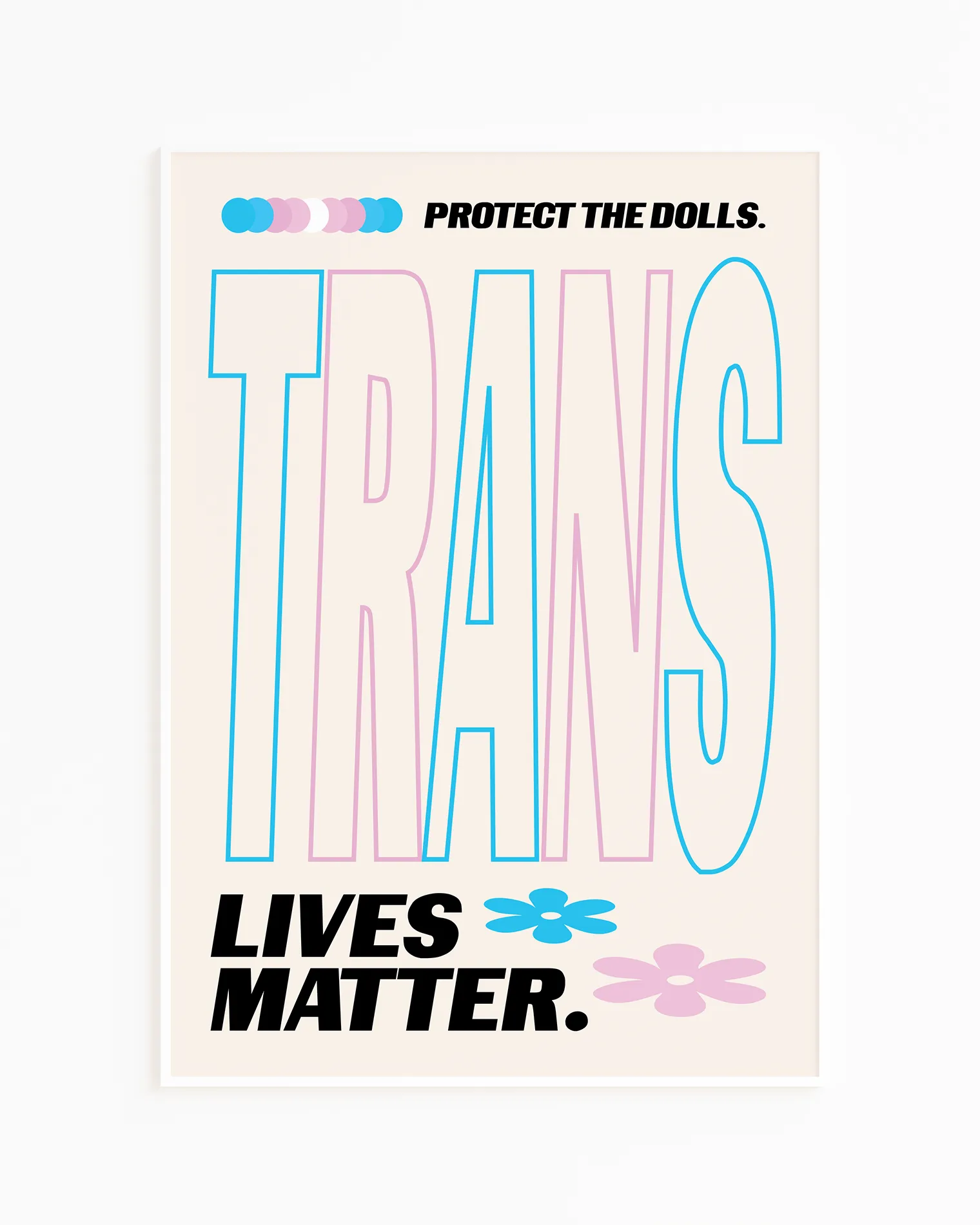 A print with the text 'Trans Lives Matter', with the transgender pride flag colours.