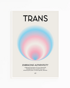 Framed, abstract poster with a circle in the transflag colours with a describing text about being transgender.