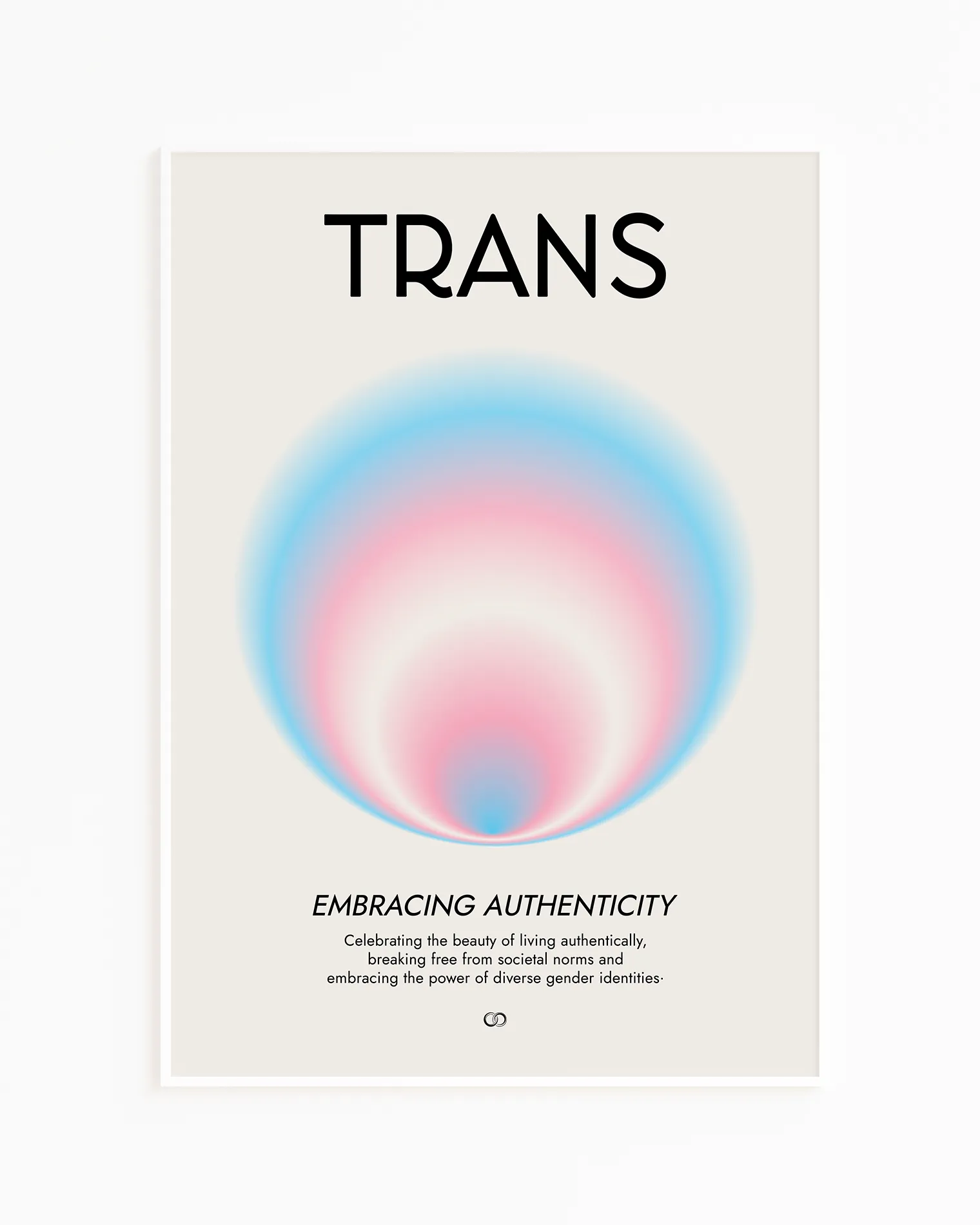 Framed, abstract poster with a circle in the transflag colours with a describing text about being transgender.