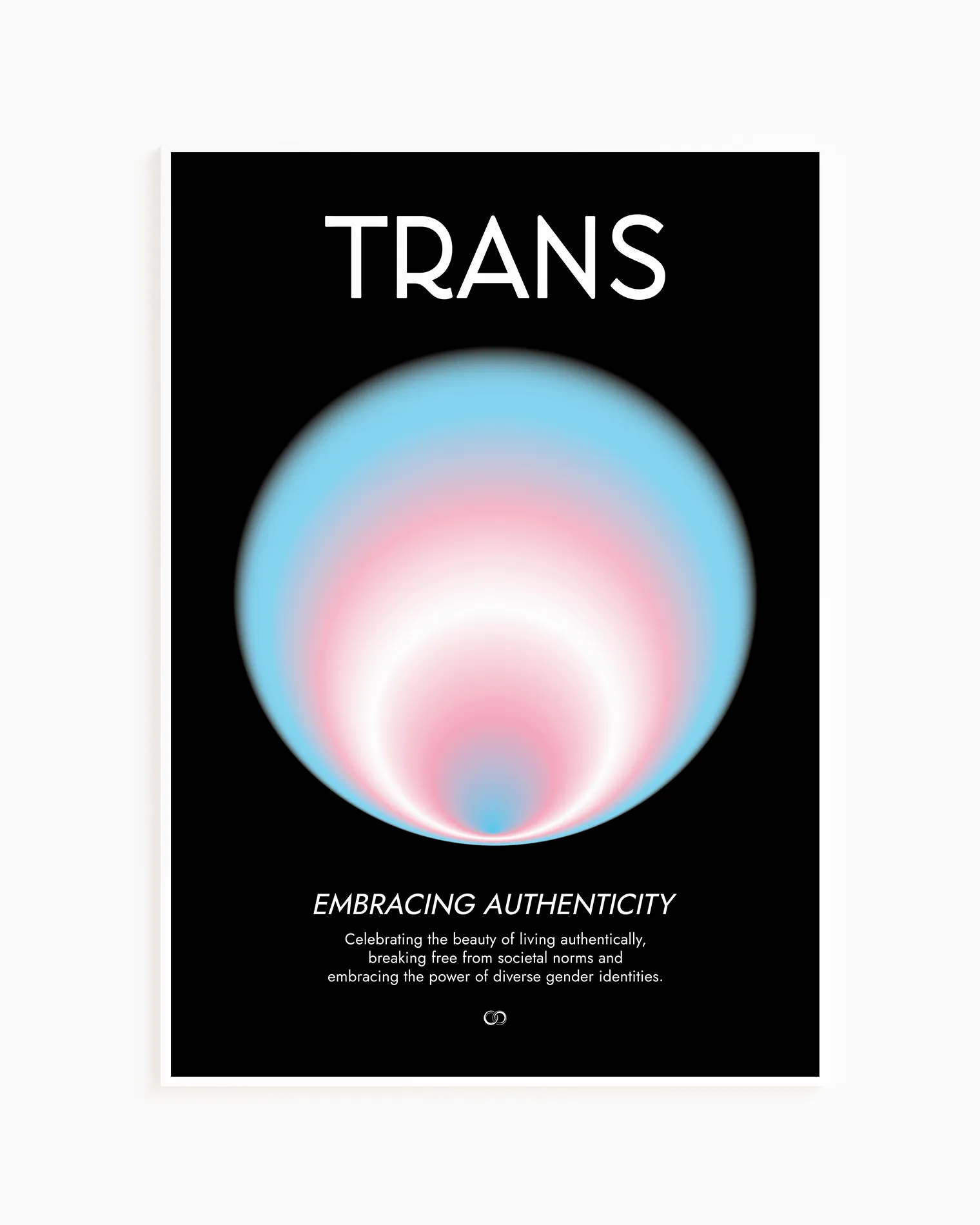 Framed, abstract poster with a circle in the transflag colours with a describing text about being transgender.