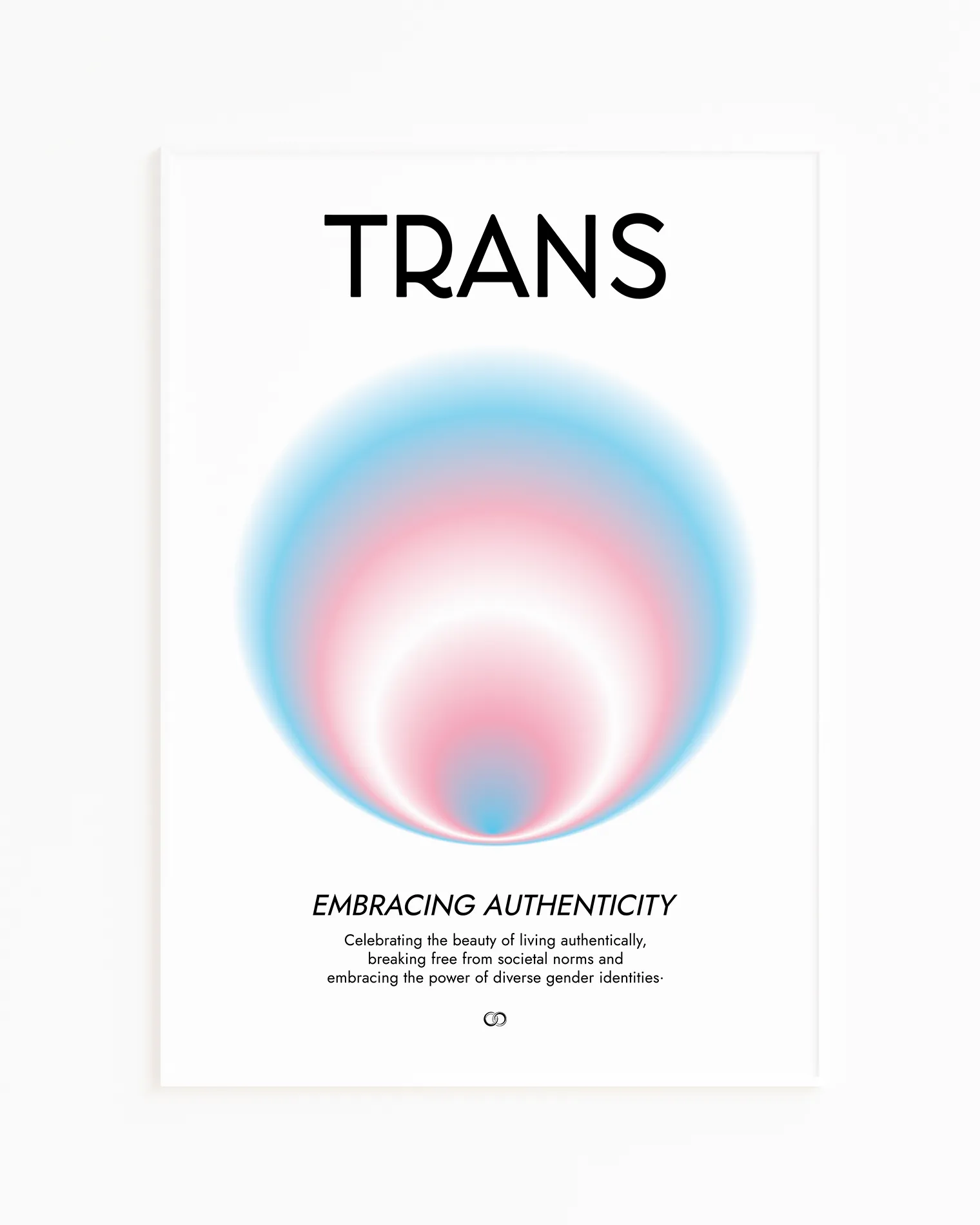Framed, abstract poster with a circle in the transflag colours with a describing text about being transgender.