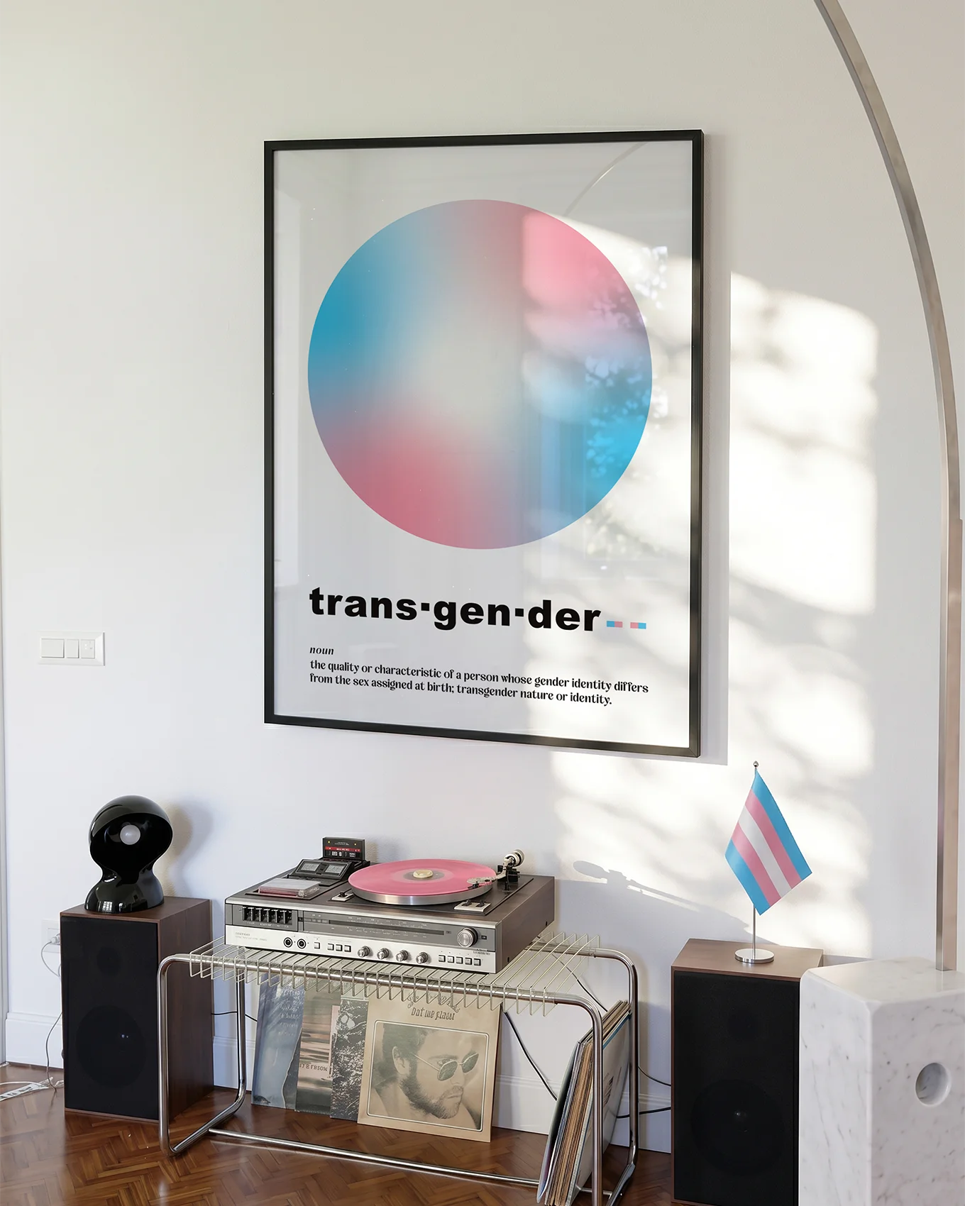 A graphic poster with the transgender flag colors in a gradient circle, with a descriptive text about transgender identity.