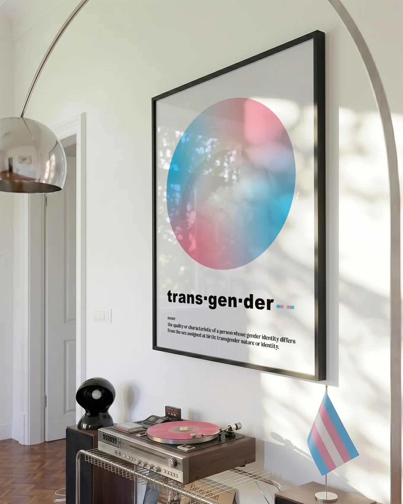 A graphic poster with the transgender flag colors in a gradient circle, with a descriptive text about transgender identity.