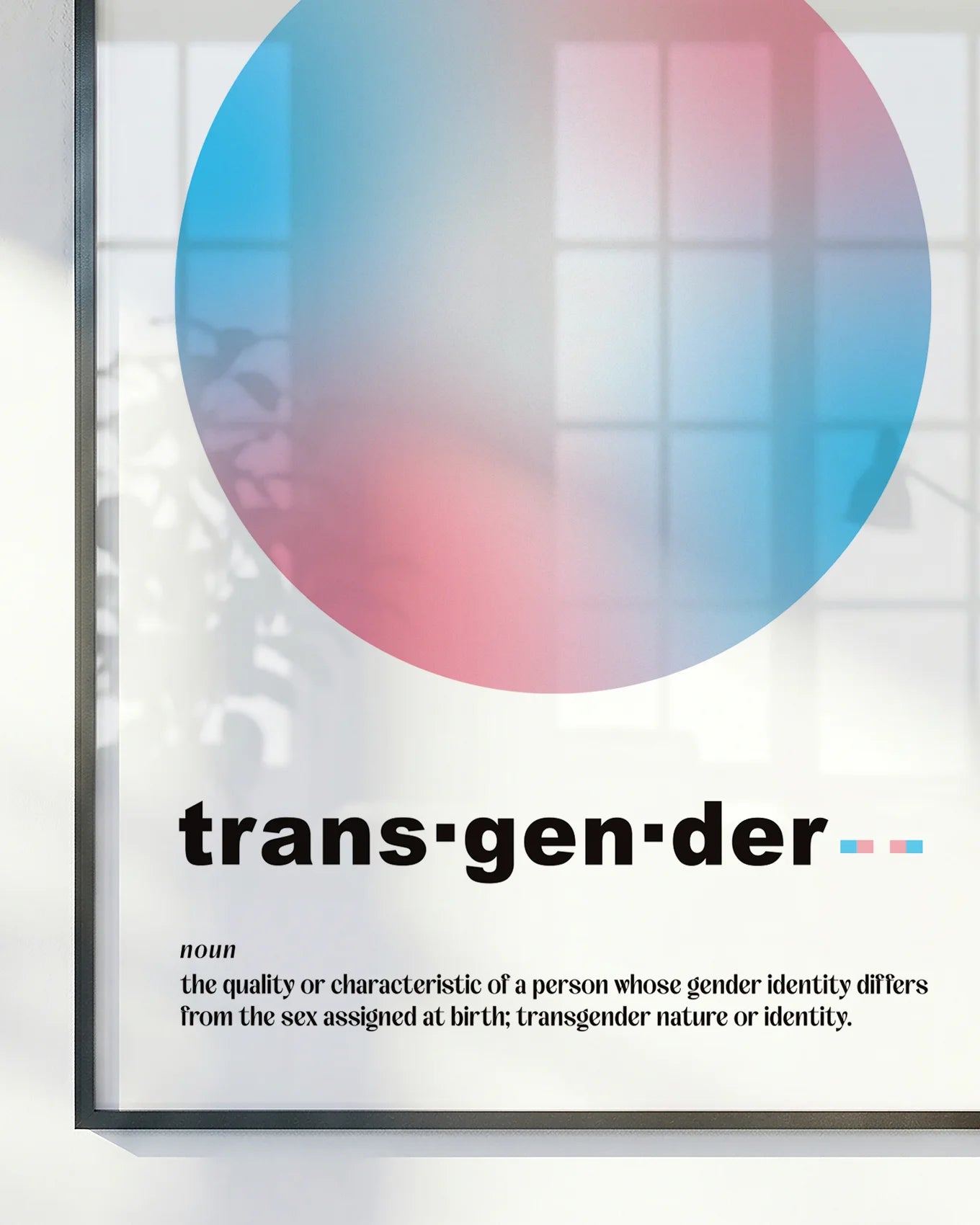 A graphic poster with the transgender flag colors in a gradient circle, with a descriptive text about transgender identity.