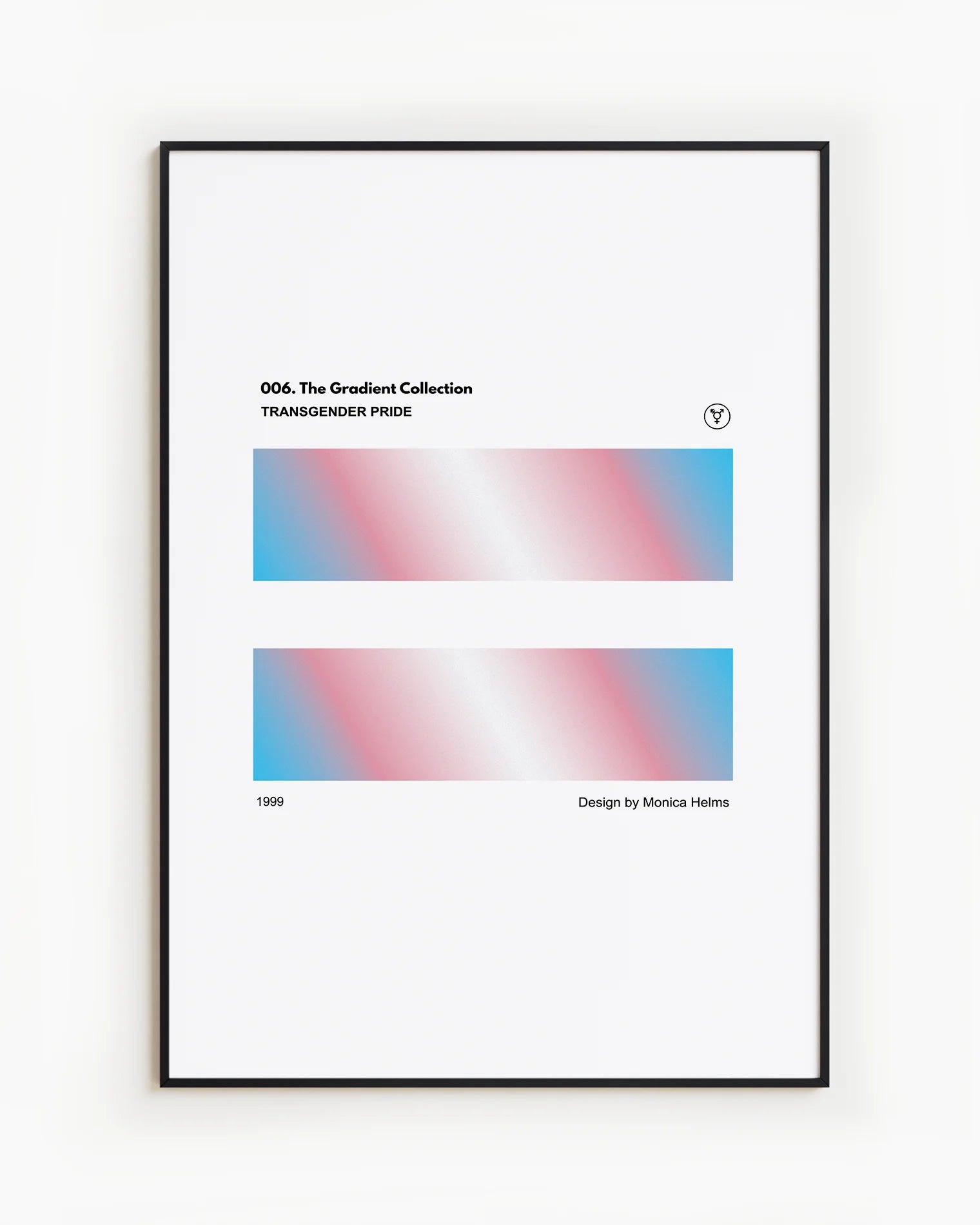 A print with the Transgender pride flag in two, rectangular, gradient blocks, with the text 'Transgender Pride´ and 'Design by Monica helms, 1999.'