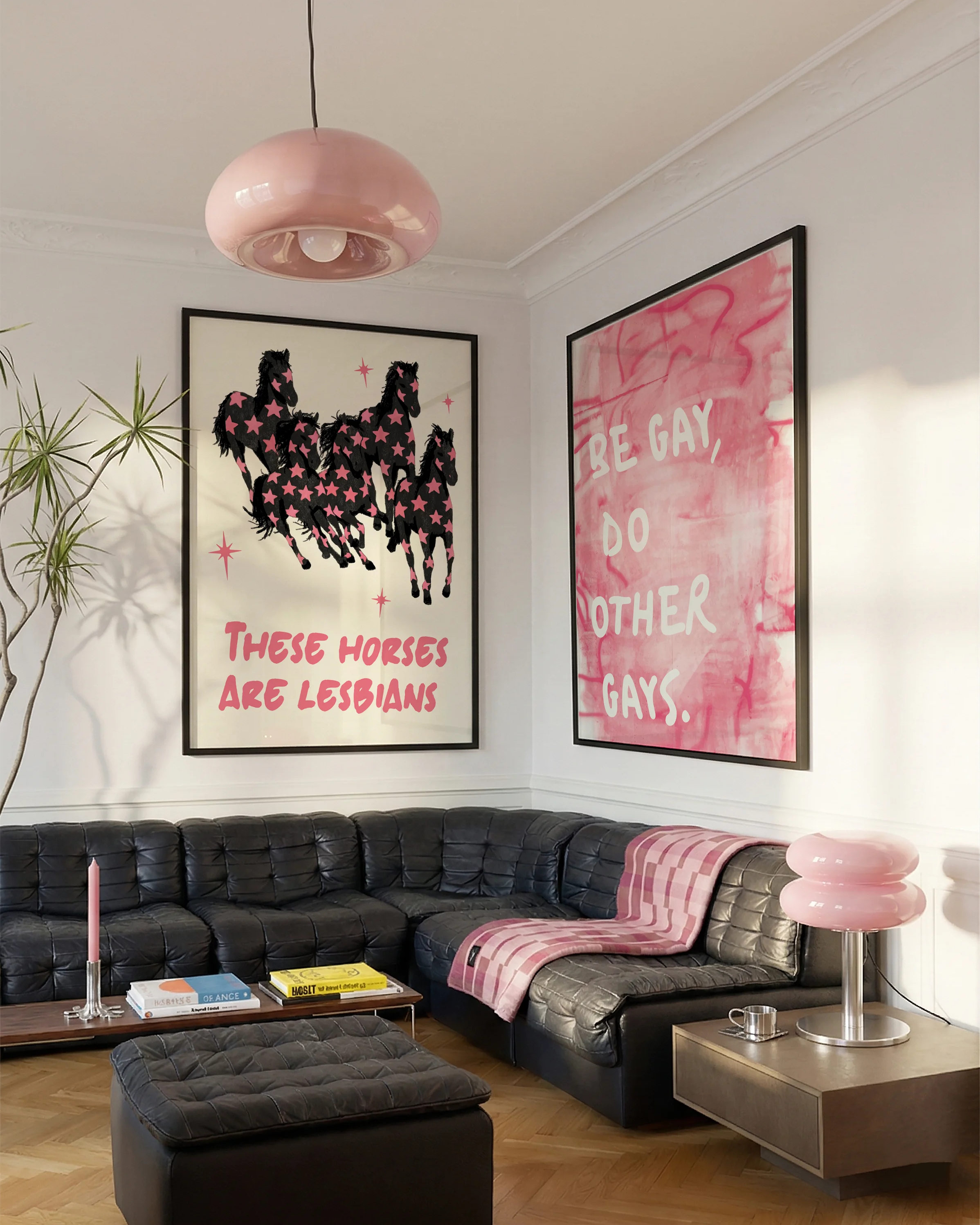 A framed poster with five horses and the text 'THESE HORSES ARE LESBIANS'.