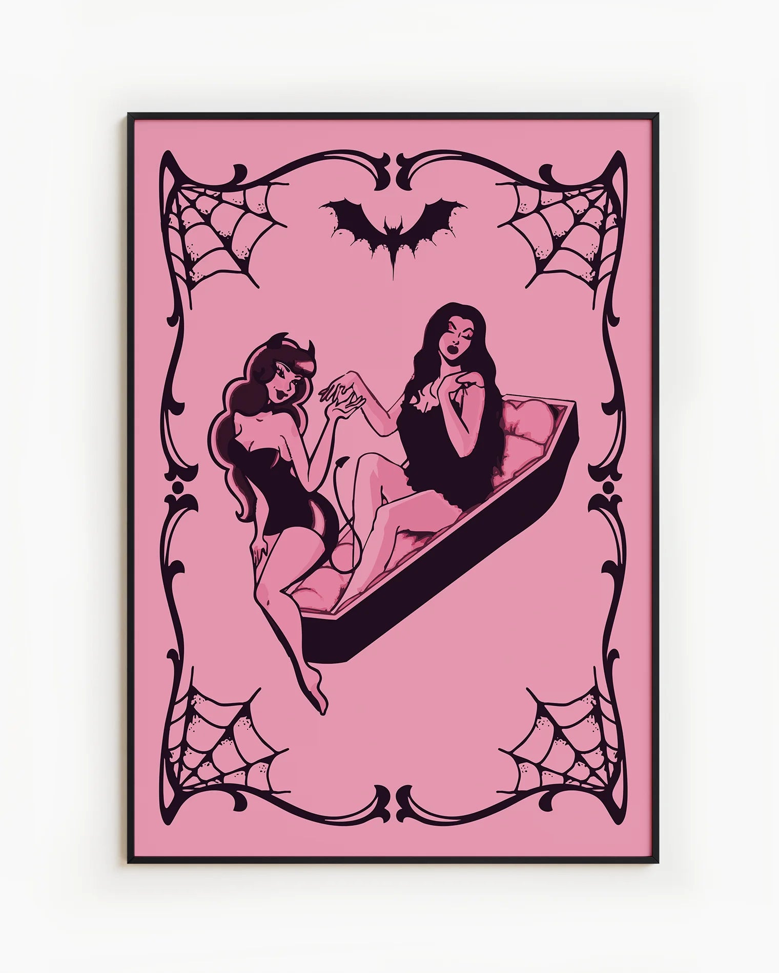 A poster featuring a female devil sitting on the edge of a coffin, while a female vampire sits inside. They hold each other’s hands romantically, creating a mysterious and intimate atmosphere.