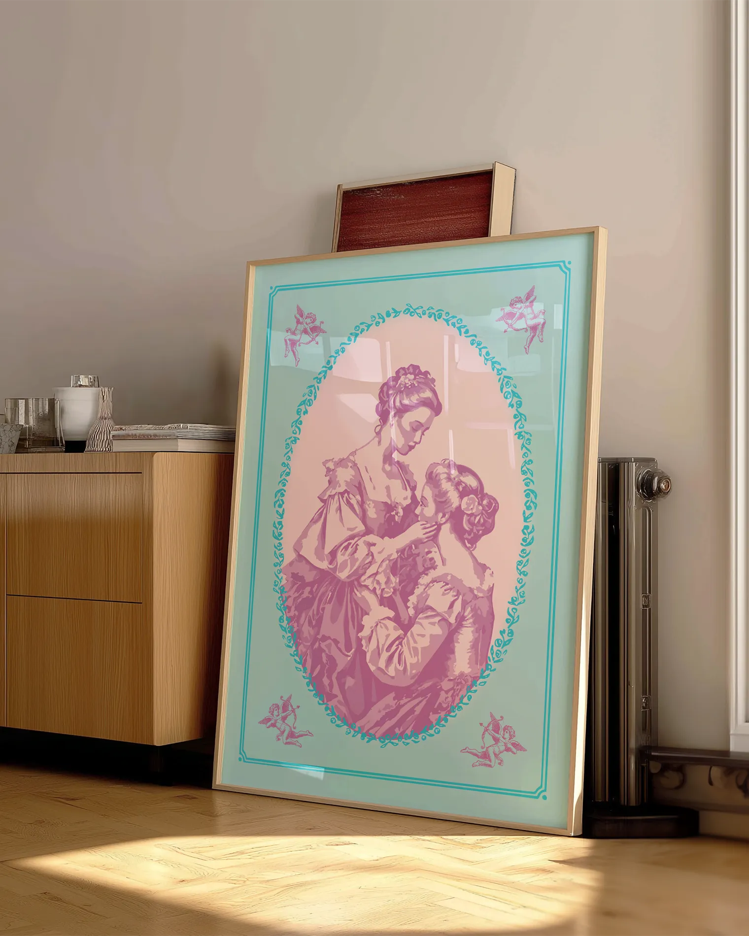 A print with an illustrated, sapphic couple in the victorian era.