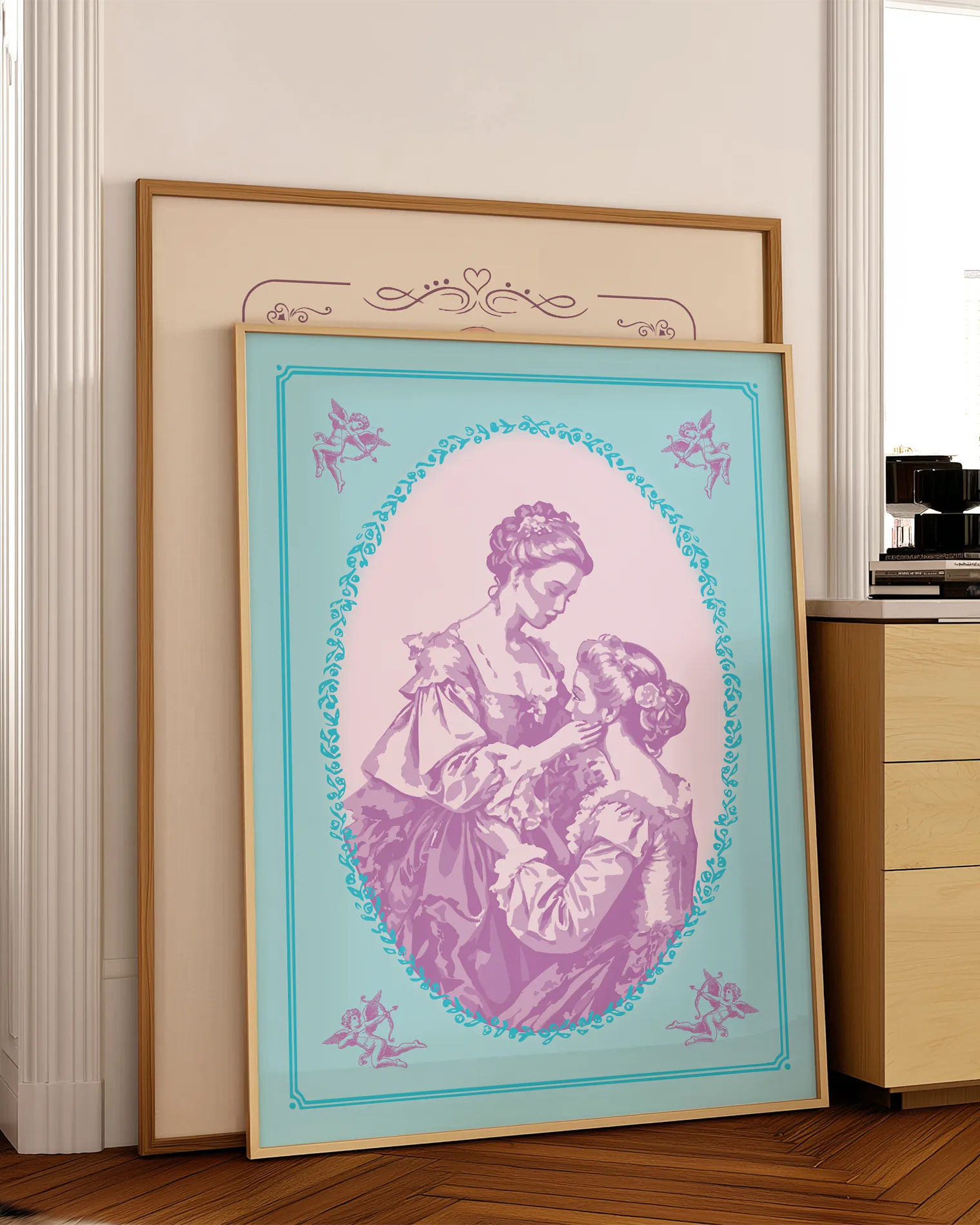 A print with an illustrated, sapphic couple in the victorian era.