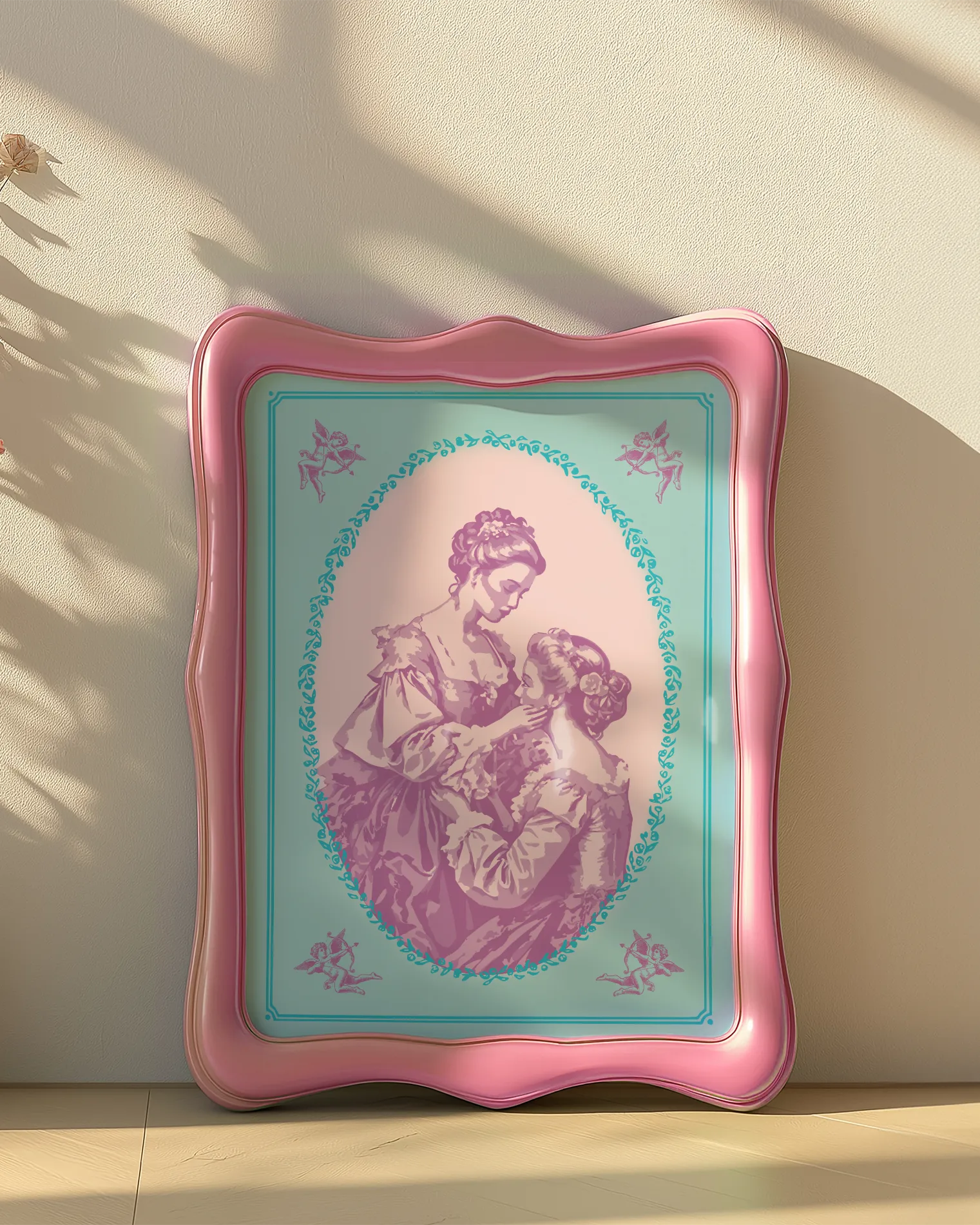 A print with an illustrated, sapphic couple in the victorian era.